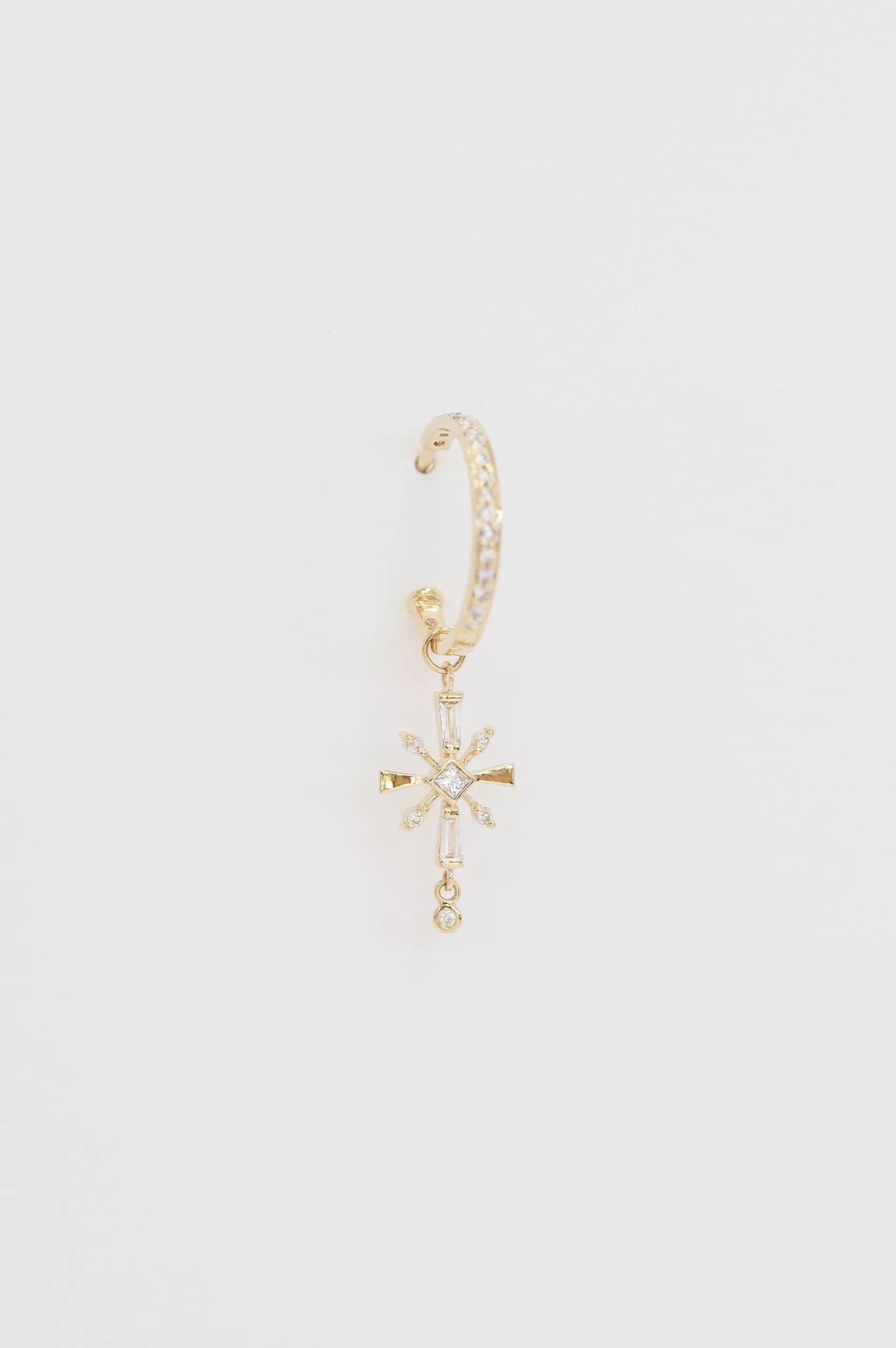 Yellow gold single hoop earring marquise triangle diamond cross charm drop worn on ear Celine Daoust