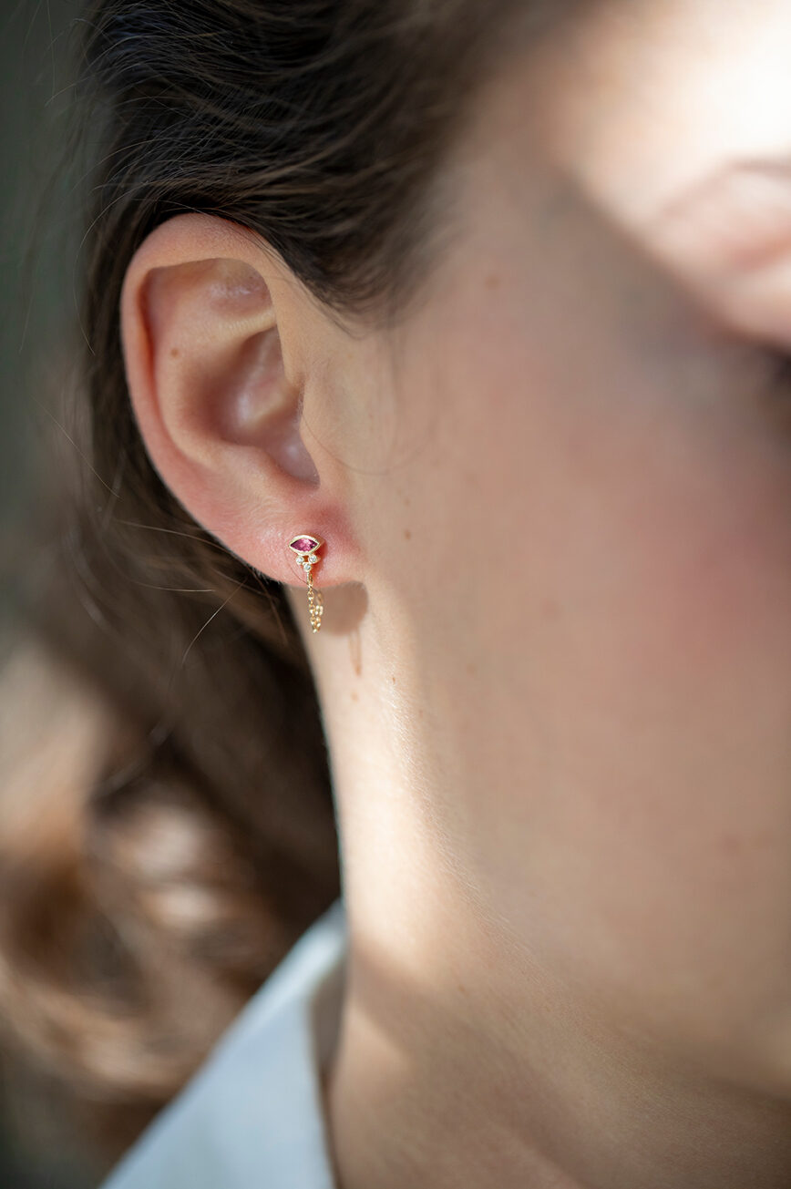 Celine Daoust Protection and Believes Marquise ruby and tubes diamonds single chain Earring