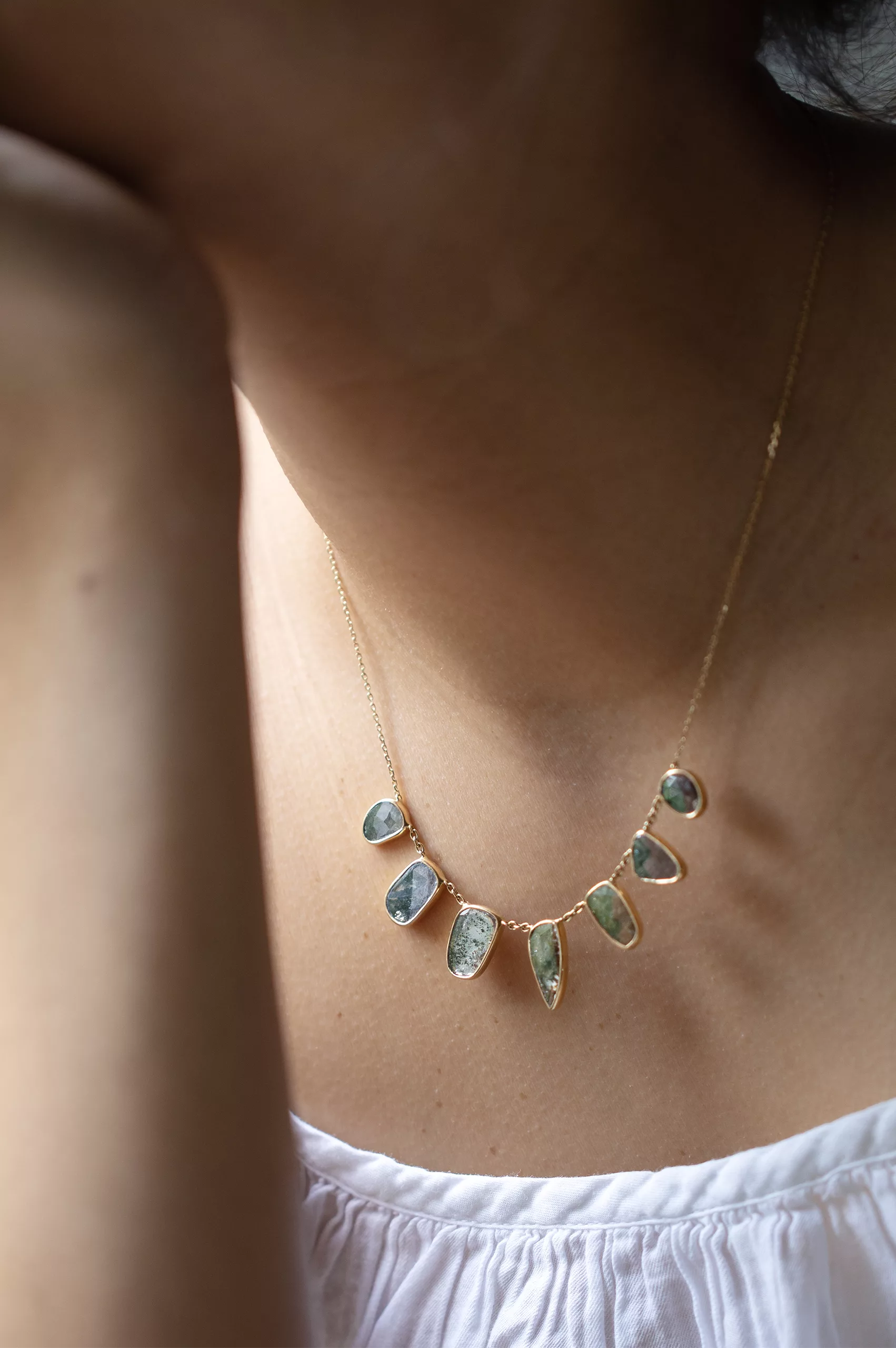Yellow gold necklace multiple grey diamond slices bezel set chain Celine Daoust