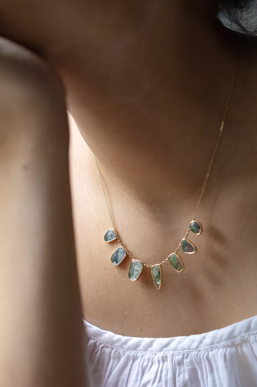Yellow gold necklace multiple grey diamond slices bezel set chain Celine Daoust