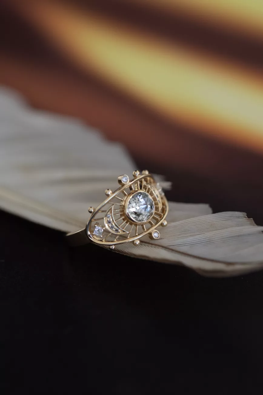 Yellow gold ring round grey diamond open oval eye frame Celine Daoust