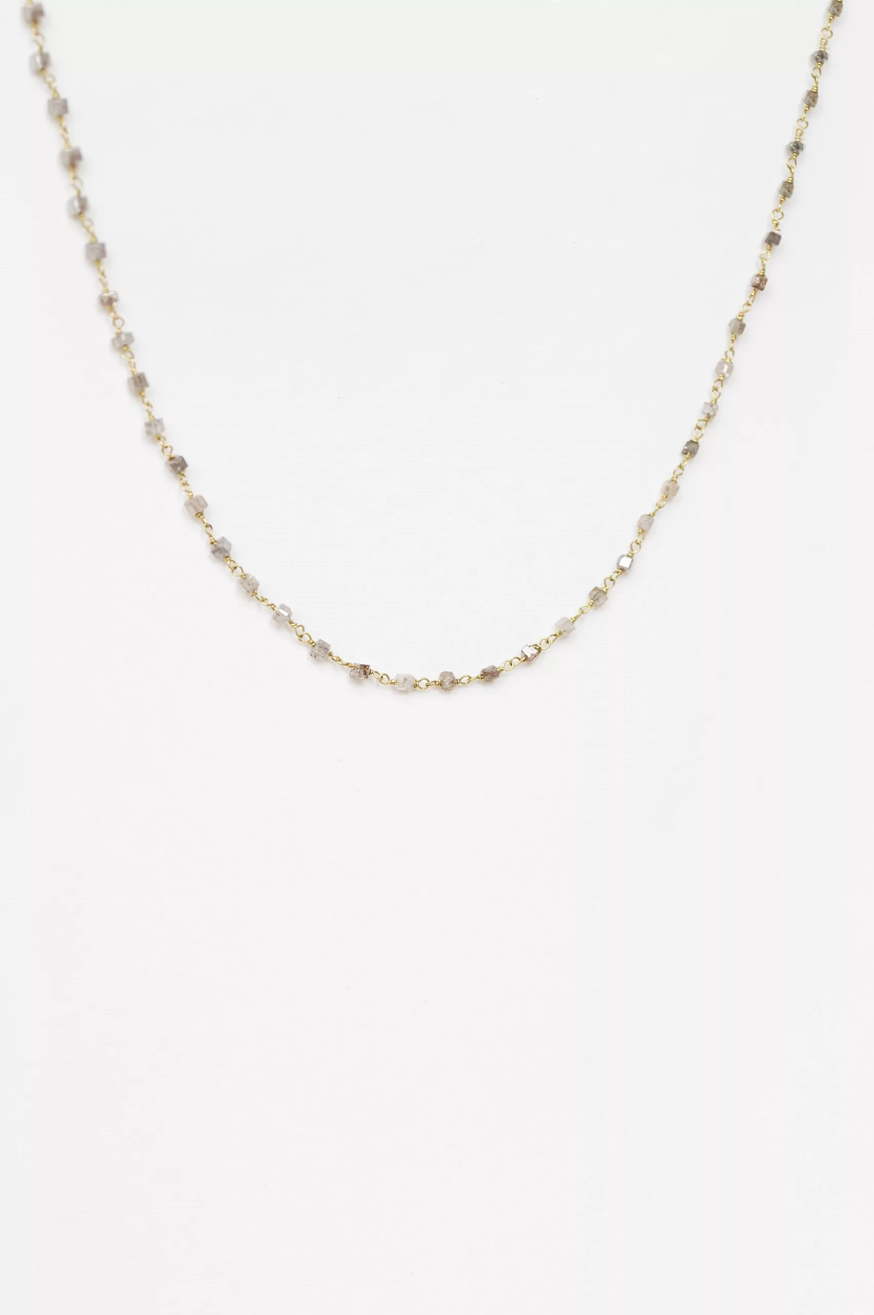 Yellow gold necklace small grey diamond square bead stations worn on neck Celine Daoust