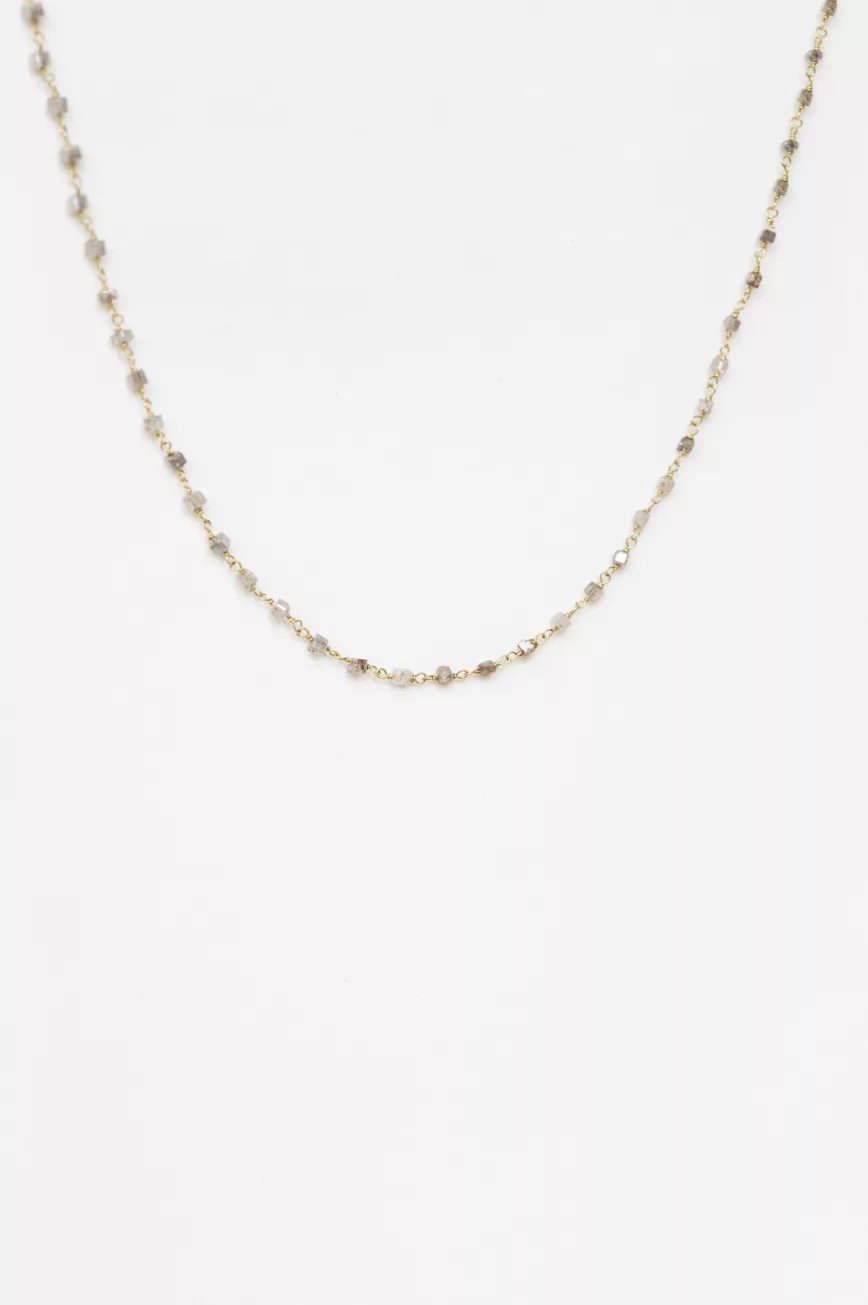 Yellow gold necklace small grey diamond square bead stations worn on neck Celine Daoust