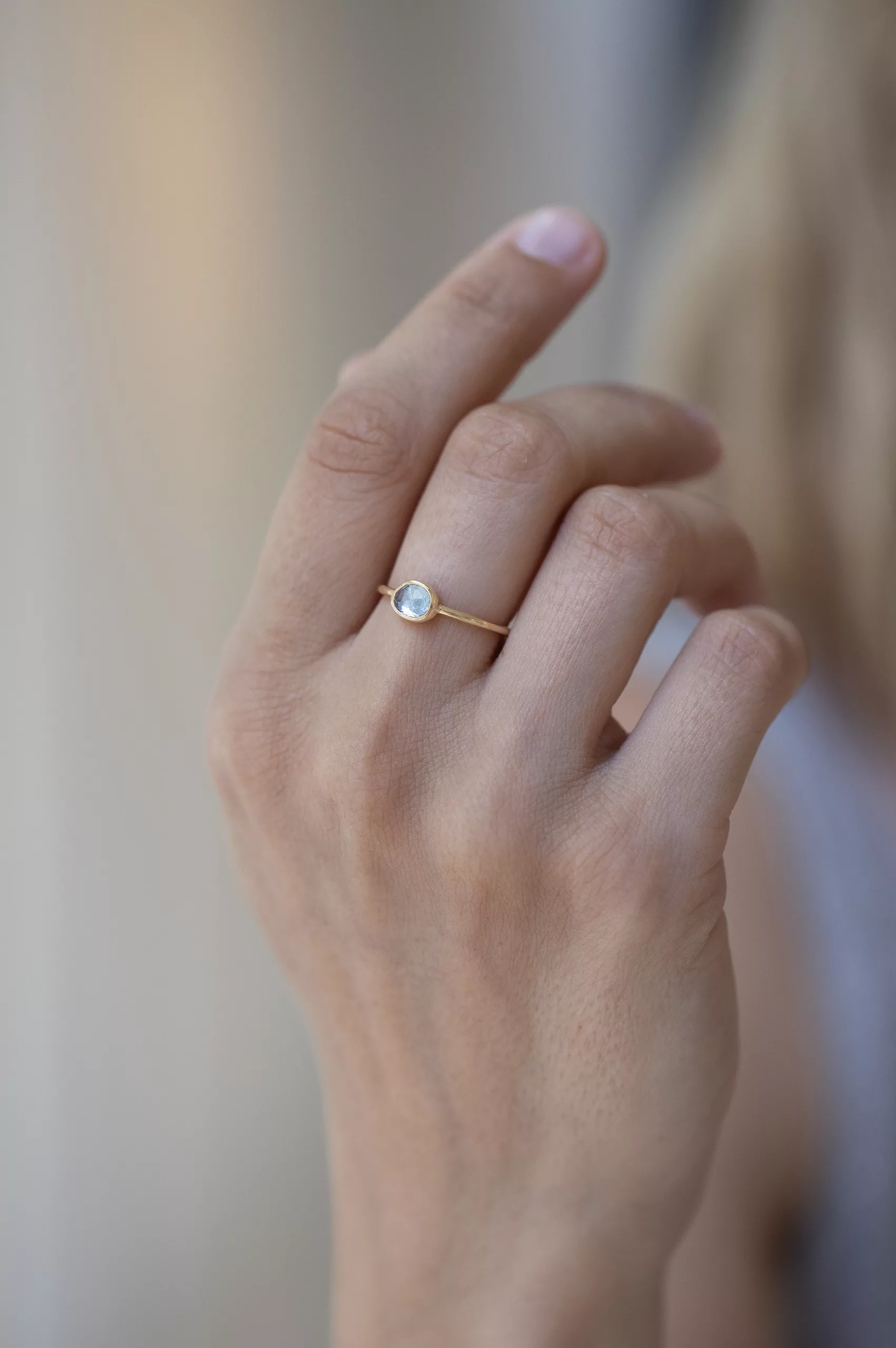 Yellow gold freeform blue aquamarine ring Celine Daoust