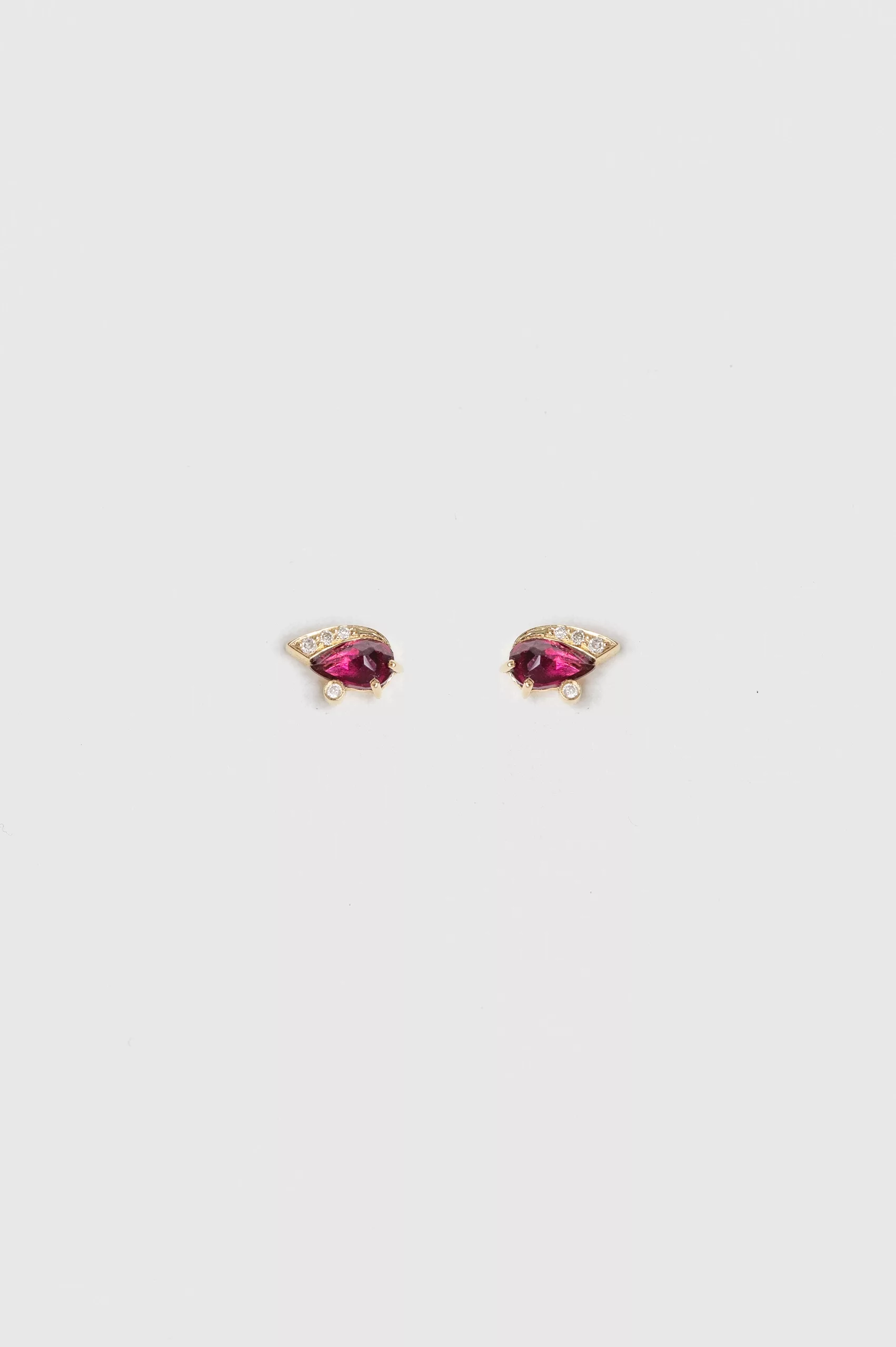 Yellow gold stud earrings marquise pink ruby diamond eye motif pair Celine Daoust