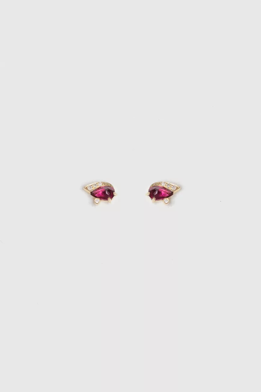 Yellow gold stud earrings marquise pink ruby diamond eye motif pair Celine Daoust