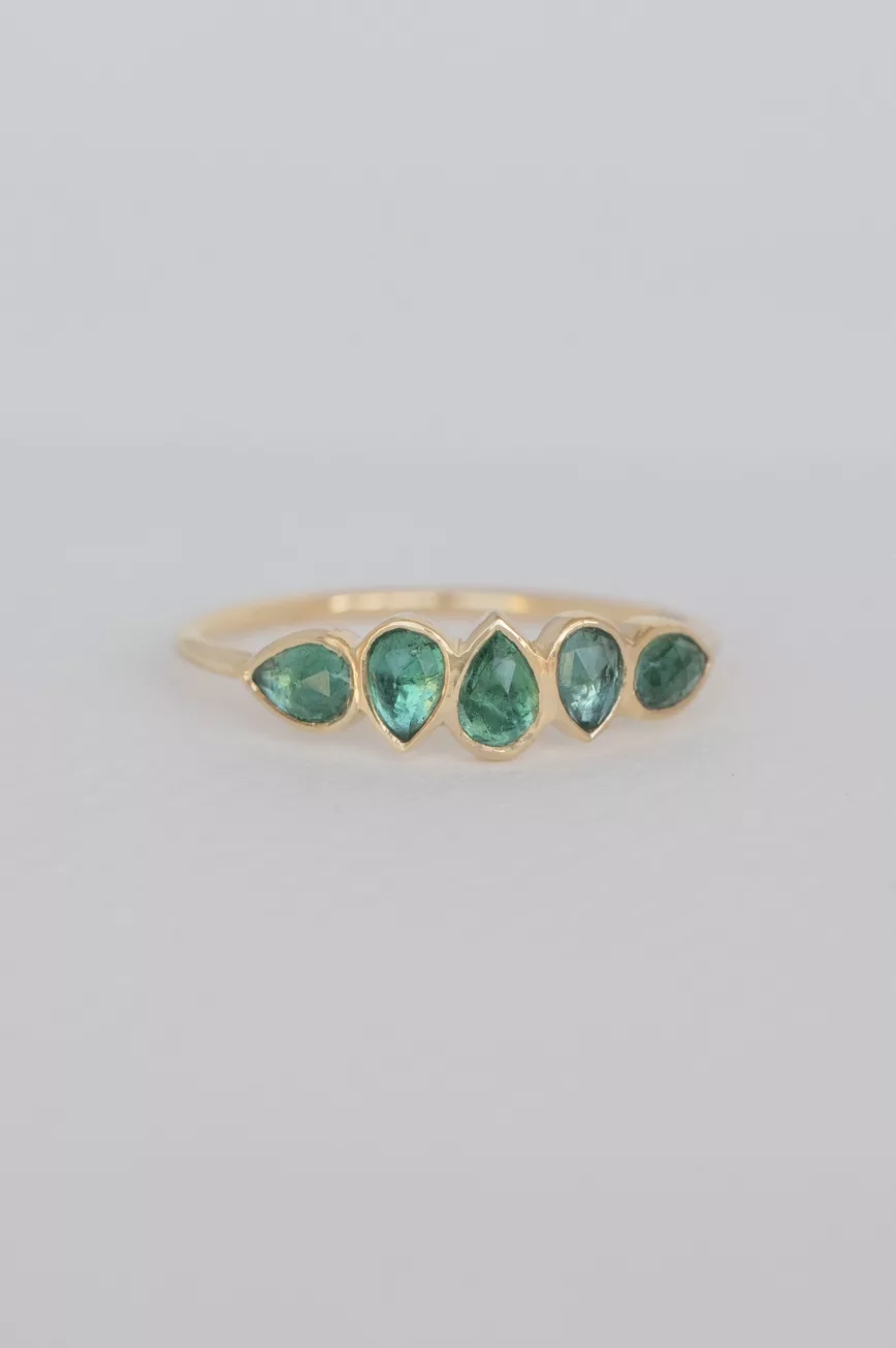 Yellow gold multi pear shaped green emeralds ring Celine Daoust