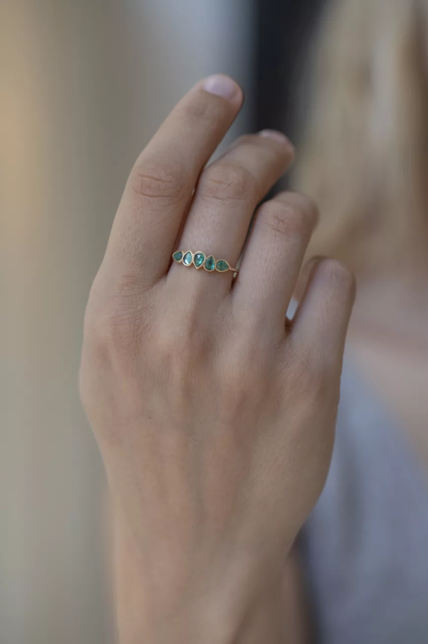 Yellow gold multi pear shaped green emeralds ring Celine Daoust