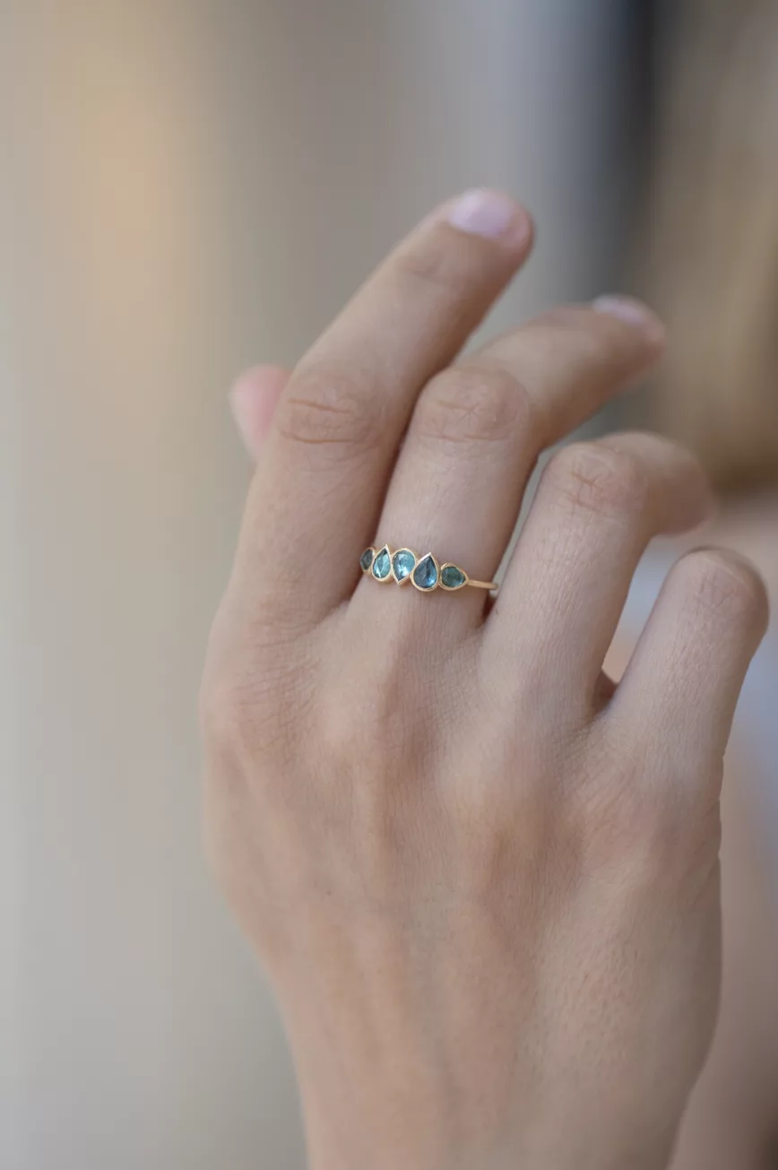 Yellow gold multi turquoise pear shaped tourmalines ring Celine Daoust