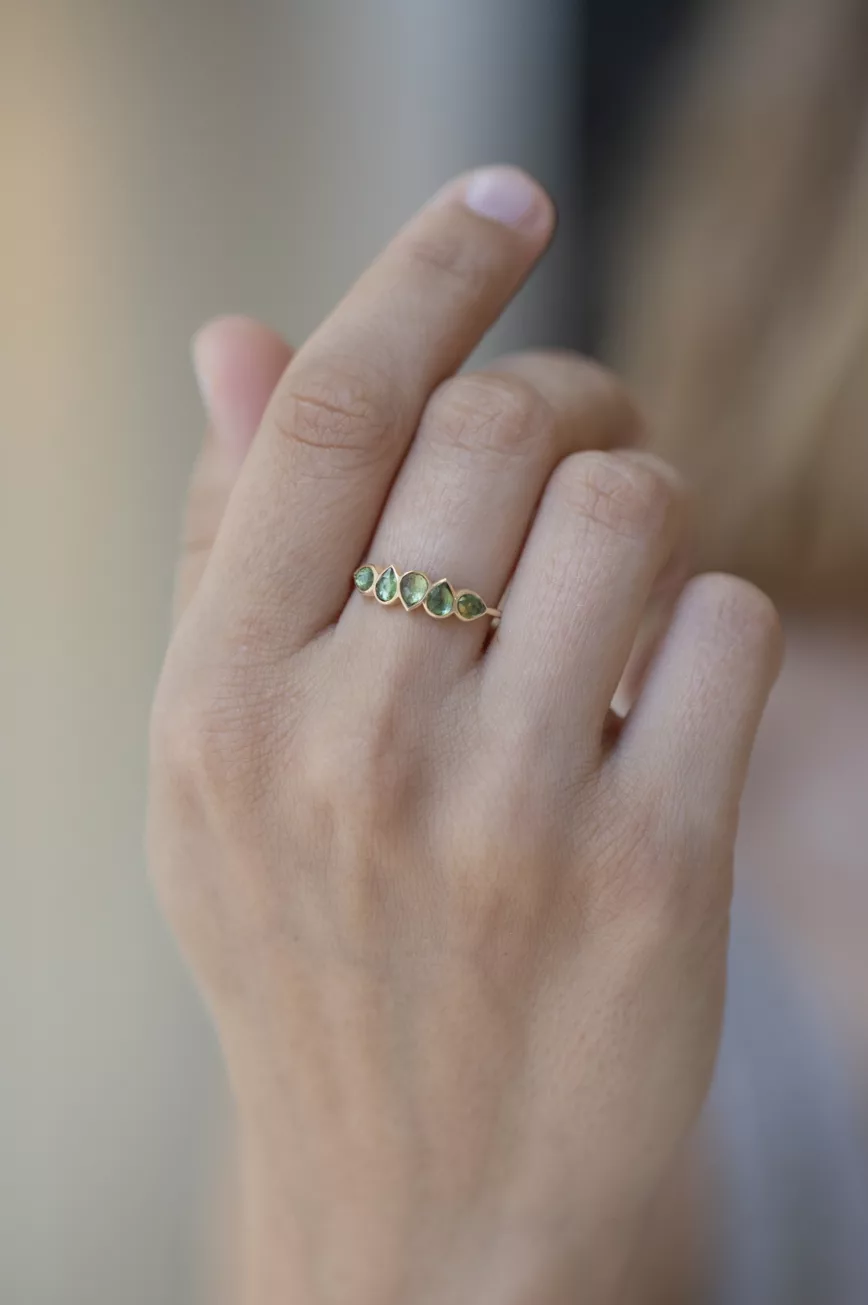 Yellow gold multi green pear shaped tourmalines ring Celine Daoust