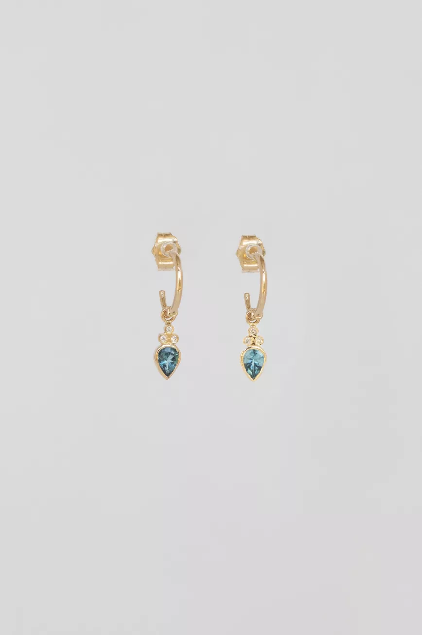 Yellow gold single stud earring oval blue tourmaline dangling diamond drops Celine Daoust