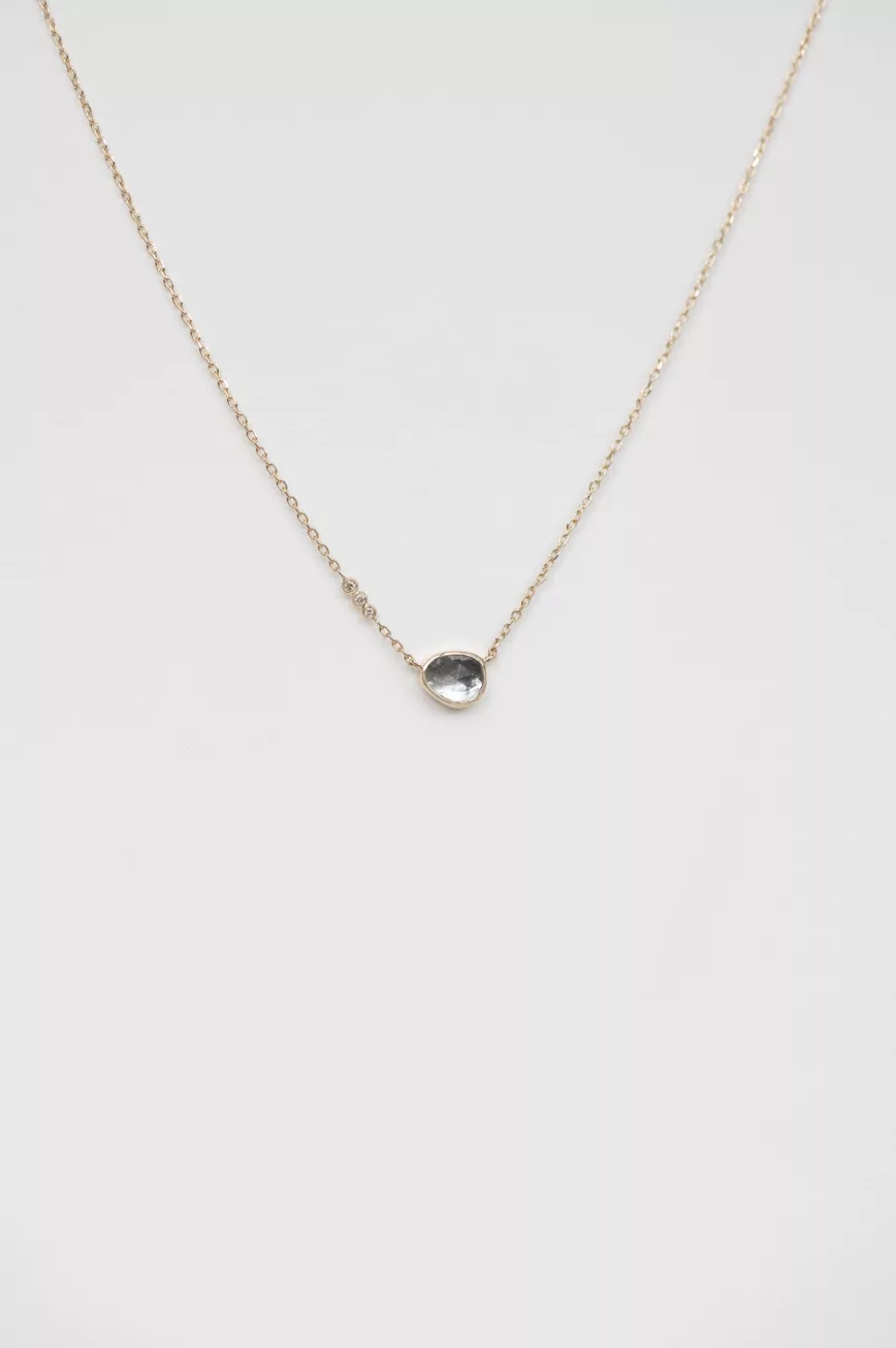 Yellow gold blue aquamarine freeform three diamonds chain necklace Celine Daoust