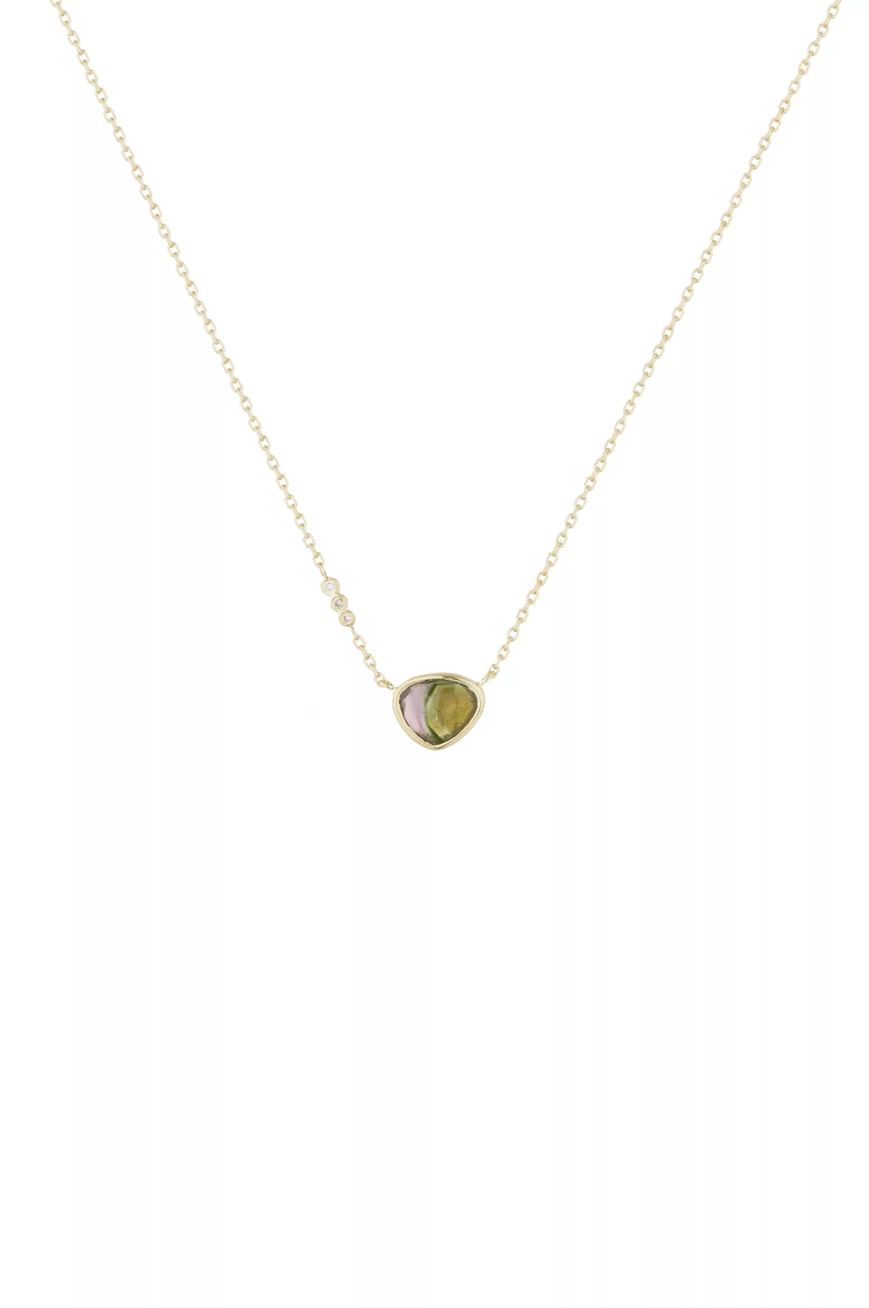 Yellow gold watermelon tourmaline freeform three diamonds chain necklace Celine Daoust