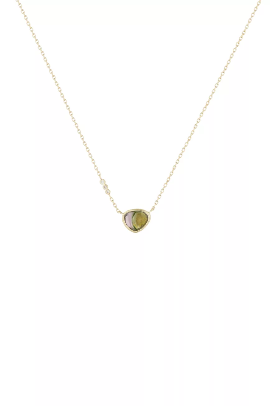 Yellow gold watermelon tourmaline freeform three diamonds chain necklace Celine Daoust