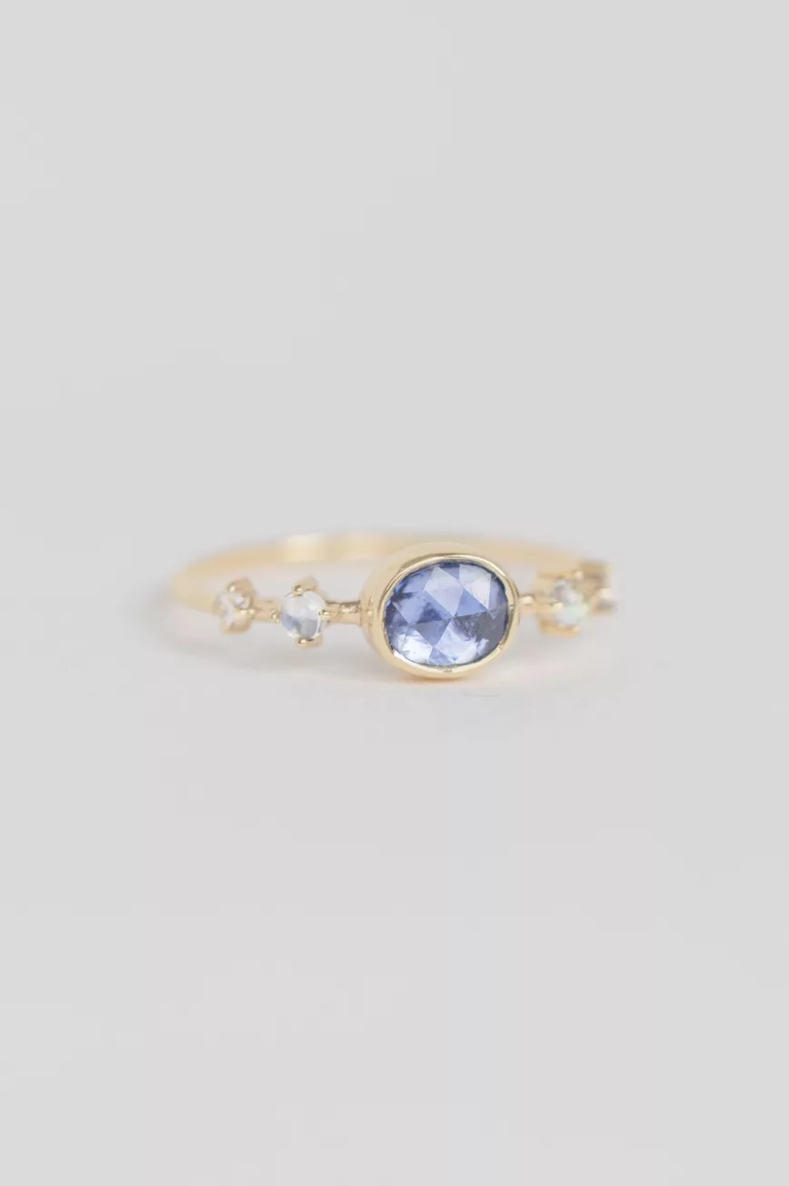Yellow gold blue freeform sapphire round moonstones rosecut diamonds ring Celine Daoust