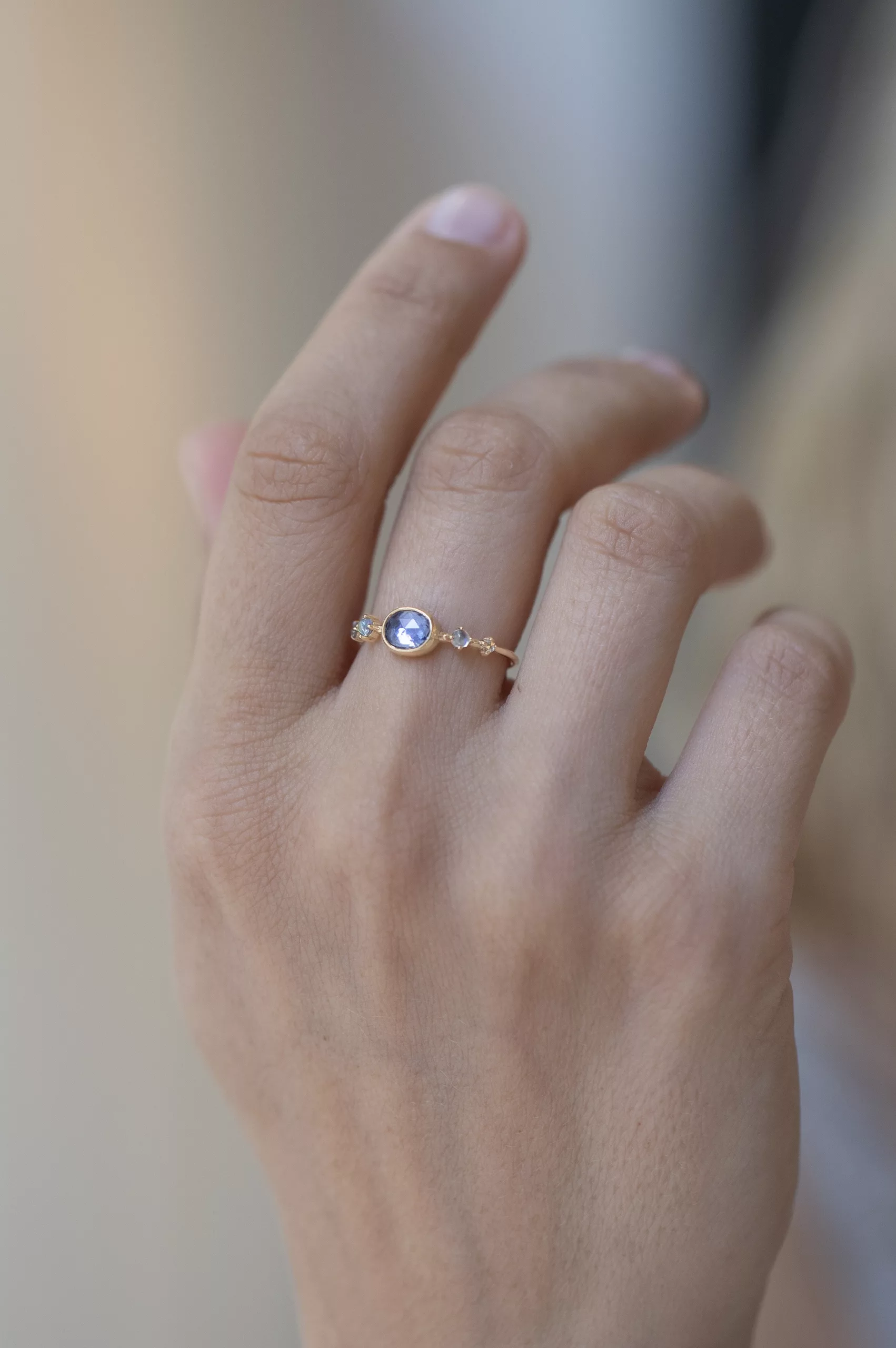 Yellow gold blue freeform sapphire round moonstones rosecut diamonds ring Celine Daoust