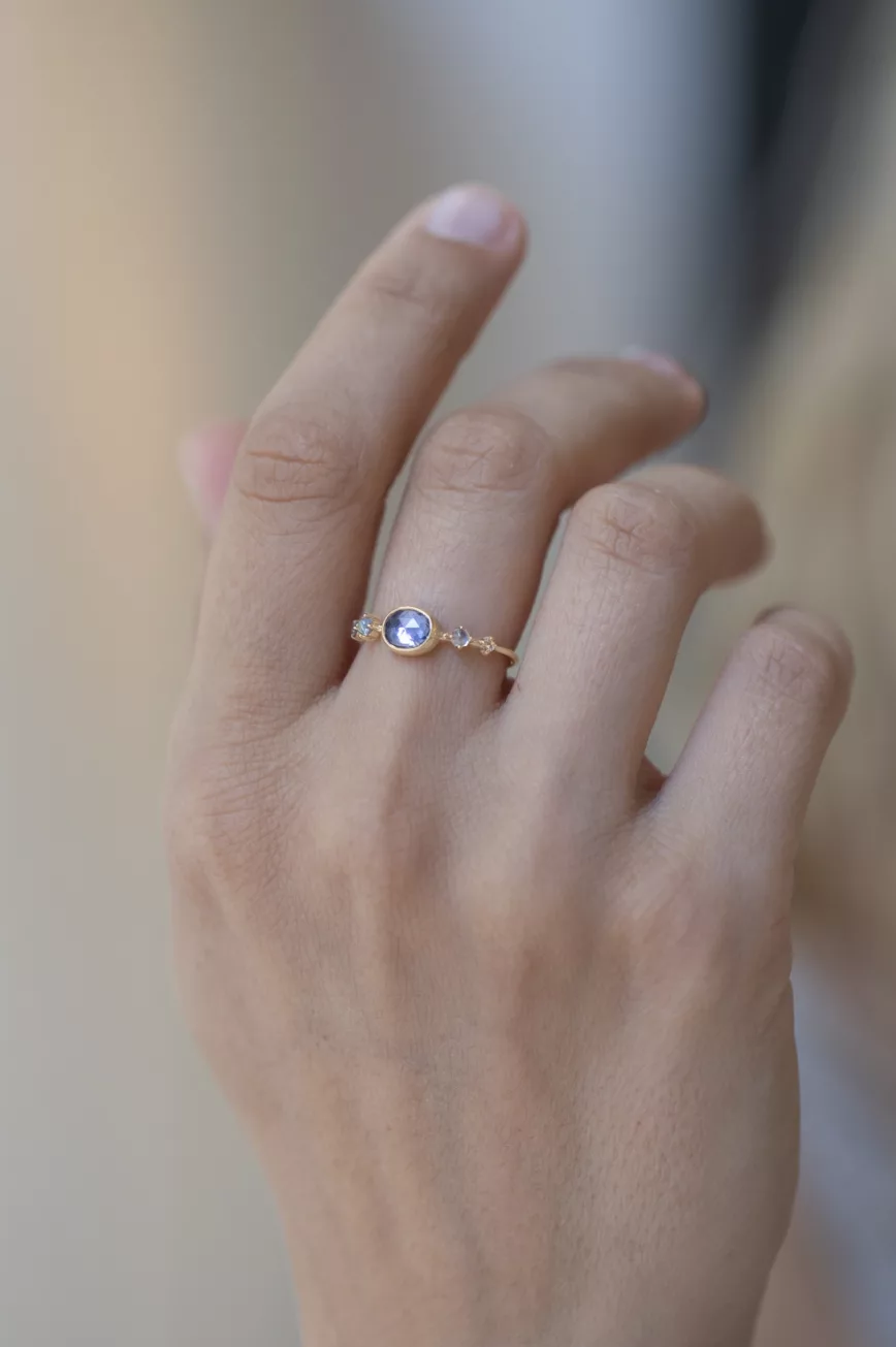 Yellow gold blue freeform sapphire round moonstones rosecut diamonds ring Celine Daoust