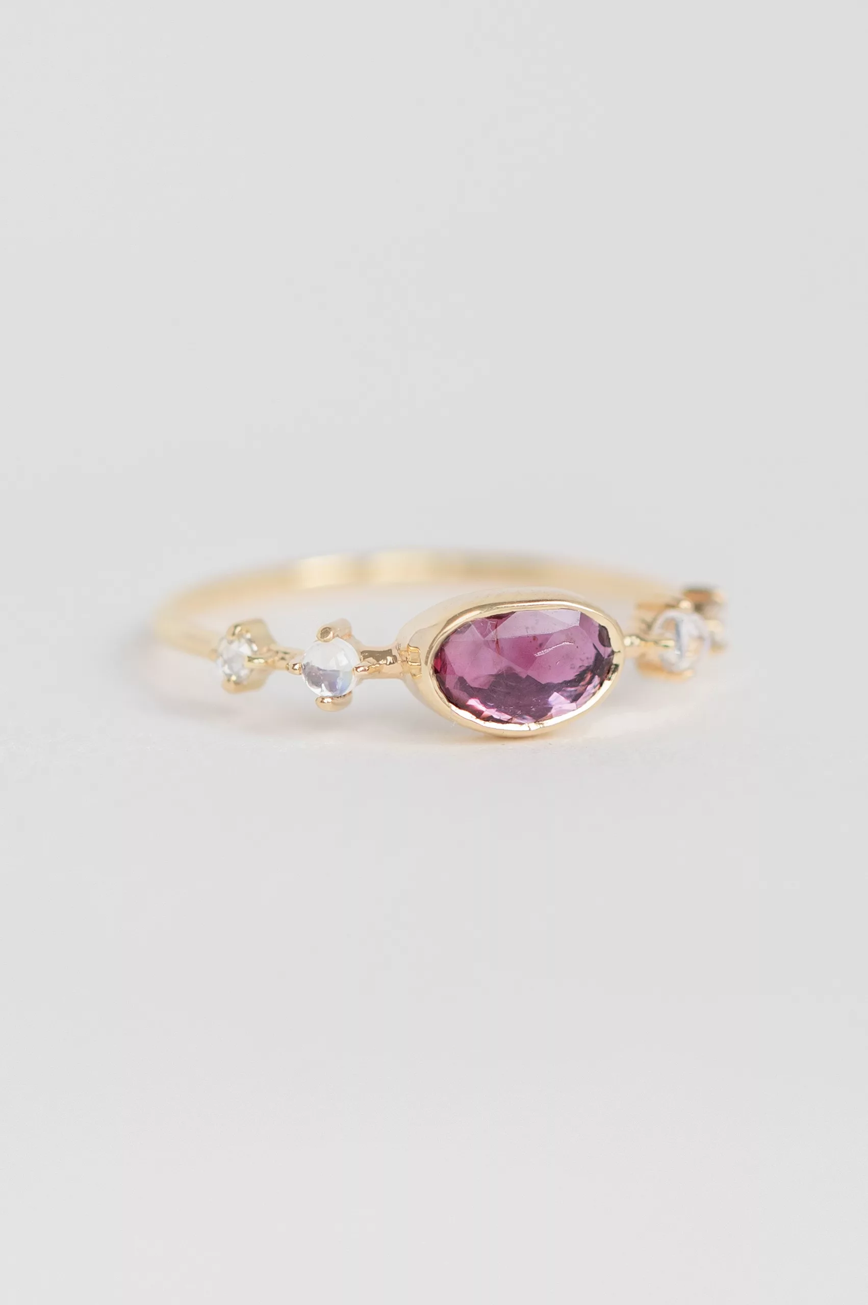 Yellow gold pink freeform sapphire round moonstones rosecut diamonds ring Celine Daoust