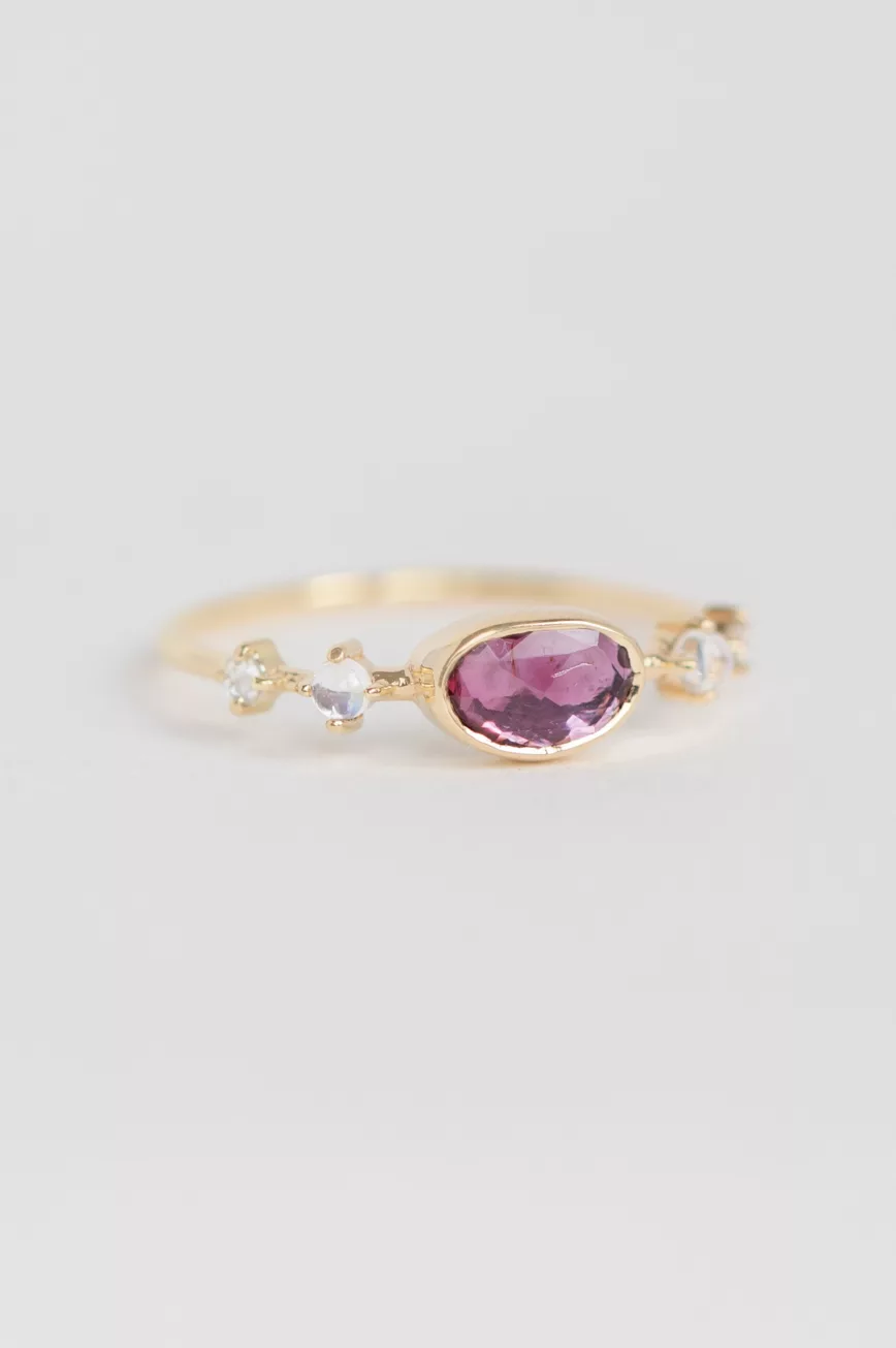 Yellow gold pink freeform sapphire round moonstones rosecut diamonds ring Celine Daoust