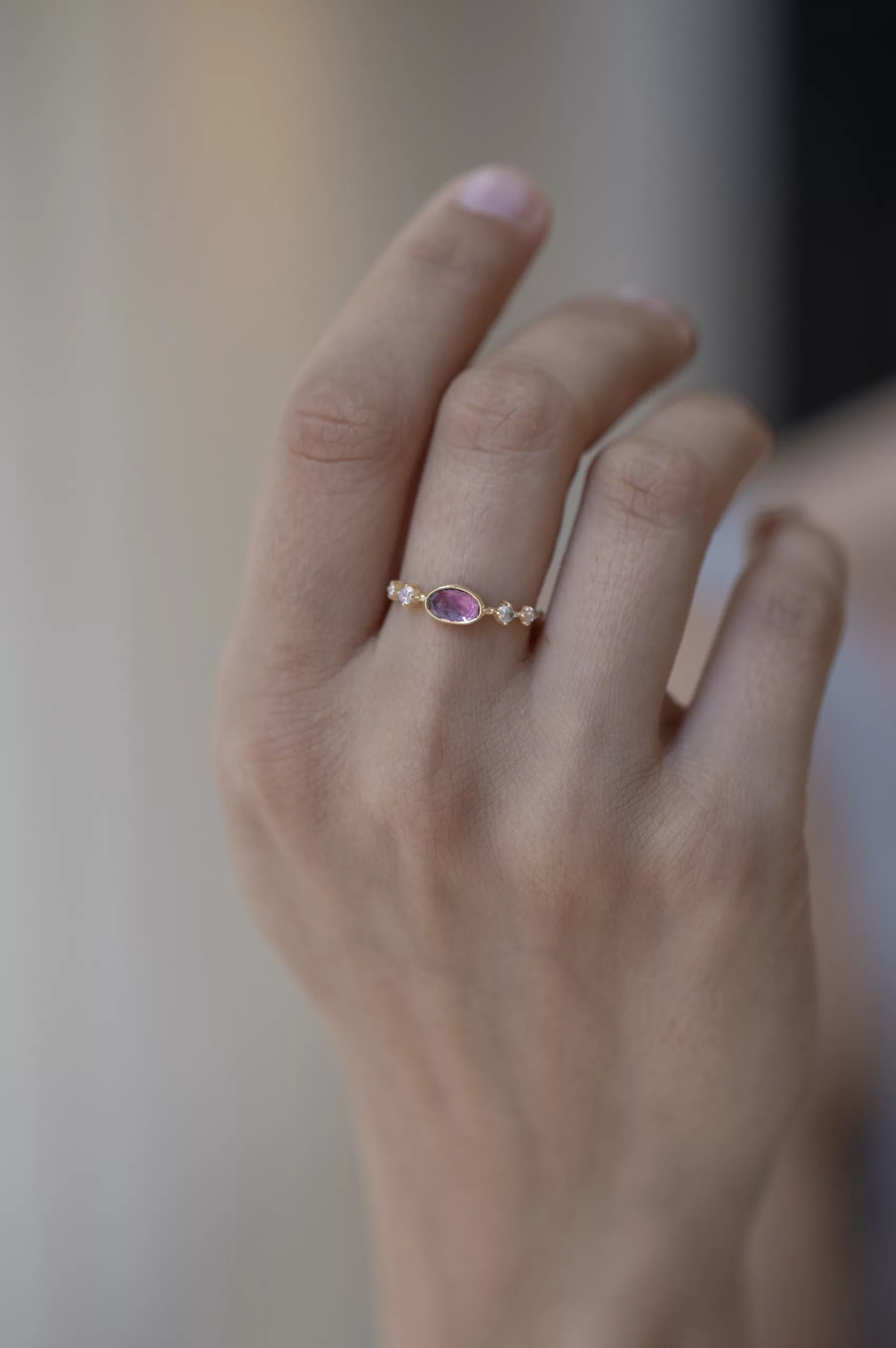 Yellow gold pink freeform sapphire round moonstones rosecut diamonds ring Celine Daoust