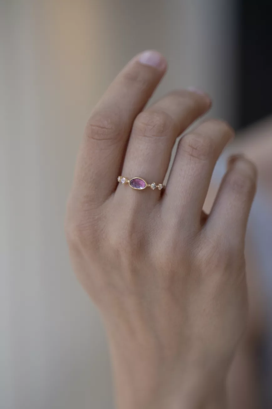 Yellow gold pink freeform sapphire round moonstones rosecut diamonds ring Celine Daoust