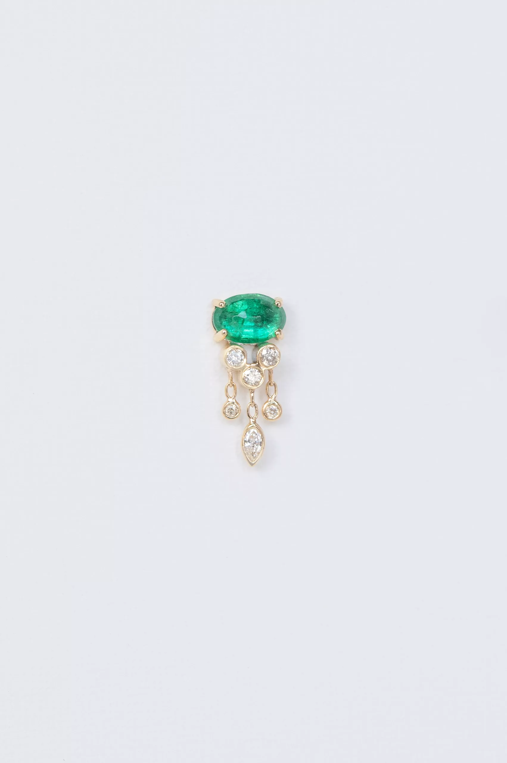 Yellow gold single stud earring oval green emerald dangling diamond drops Celine Daoust