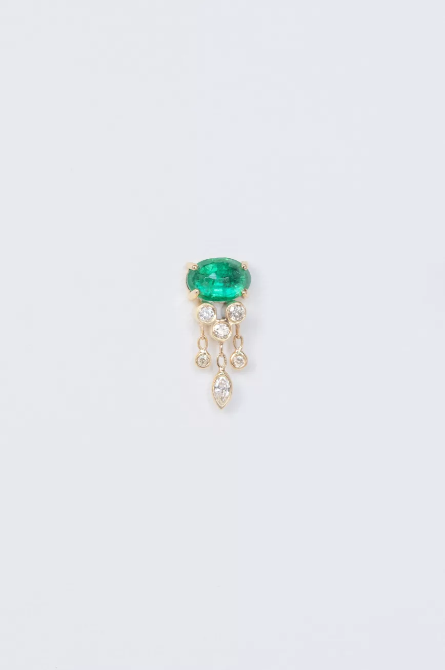 Yellow gold single stud earring oval green emerald dangling diamond drops Celine Daoust