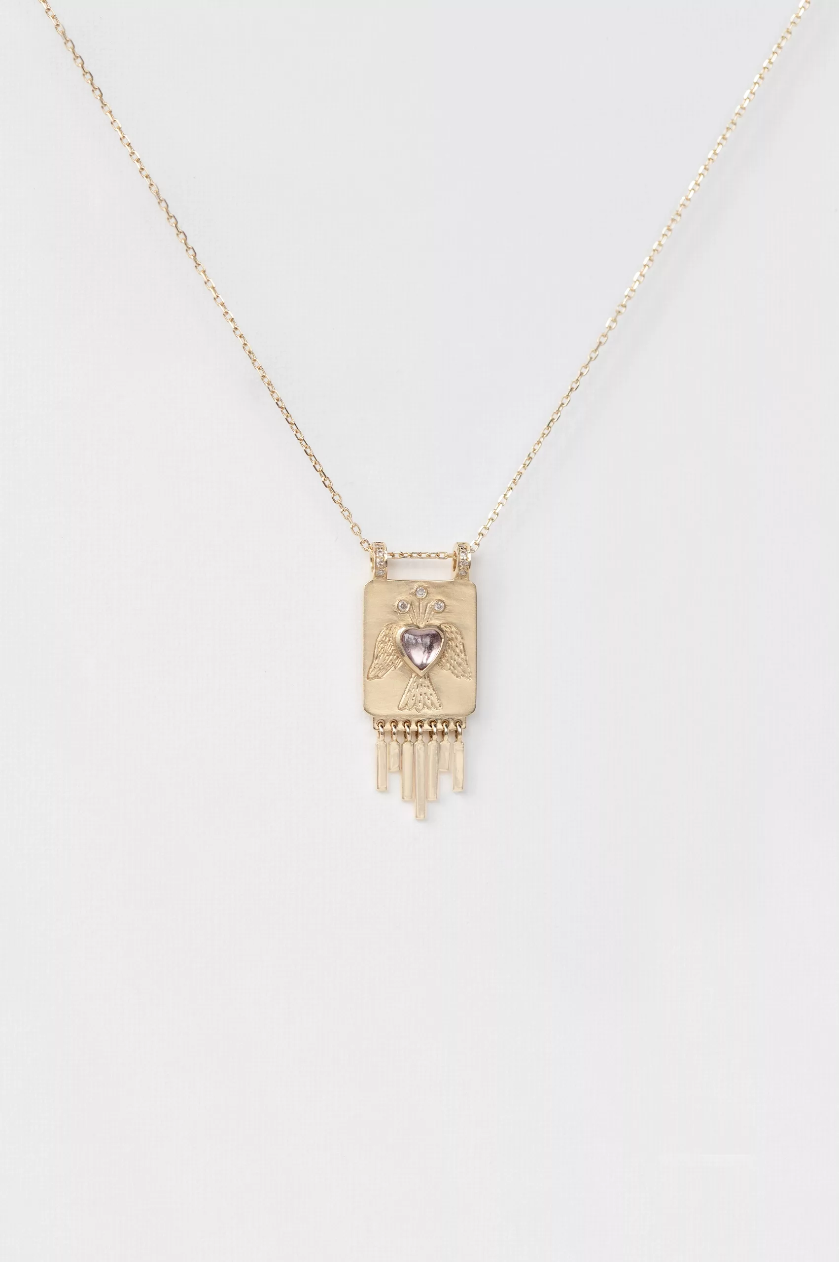 Yellow gold necklace rectangular solid plate pendant heart pink tourmaline diamond fringe Celine Daoust