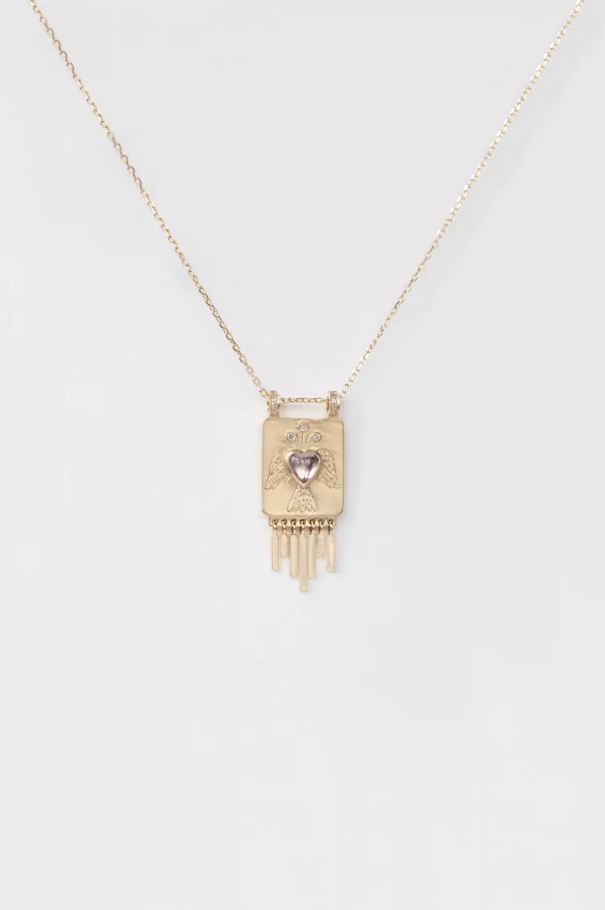 Yellow gold necklace rectangular solid plate pendant heart pink tourmaline diamond fringe Celine Daoust