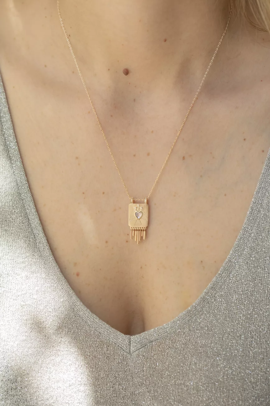 Yellow gold necklace rectangular solid plate pendant heart pink tourmaline diamond fringe Celine Daoust