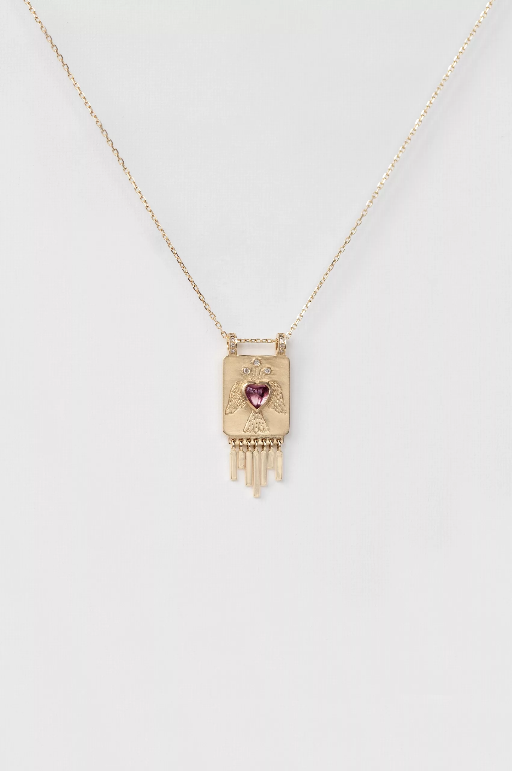 Yellow gold necklace rectangular solid plate pendant heart pink tourmaline diamond fringe Celine Daoust