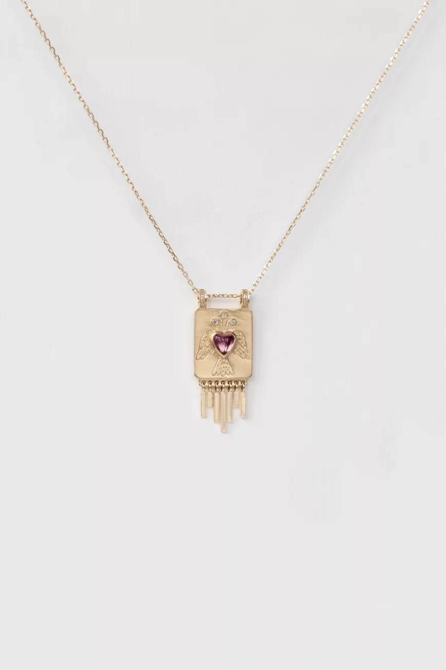 Yellow gold necklace rectangular solid plate pendant heart pink tourmaline diamond fringe Celine Daoust