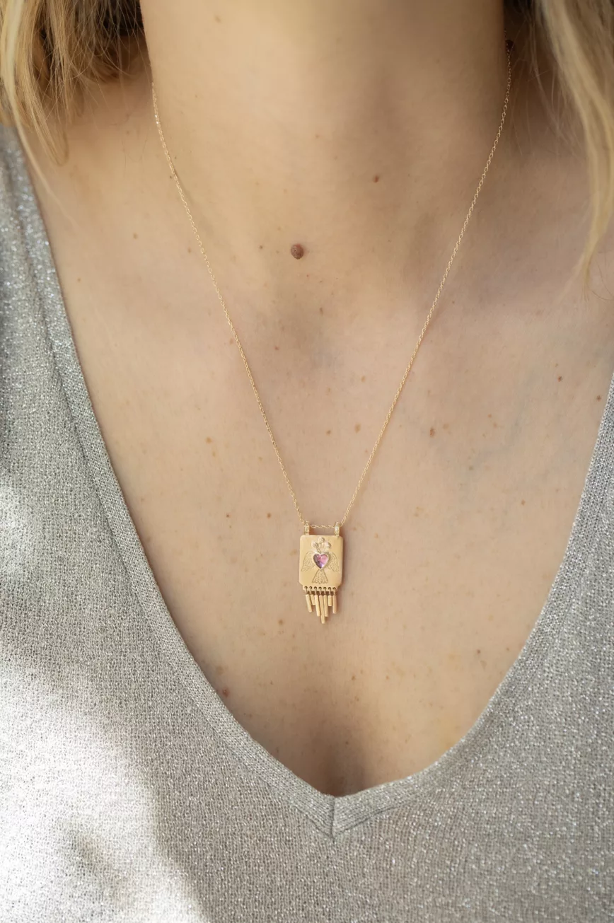 Yellow gold necklace rectangular solid plate pendant heart pink tourmaline diamond fringe Celine Daoust
