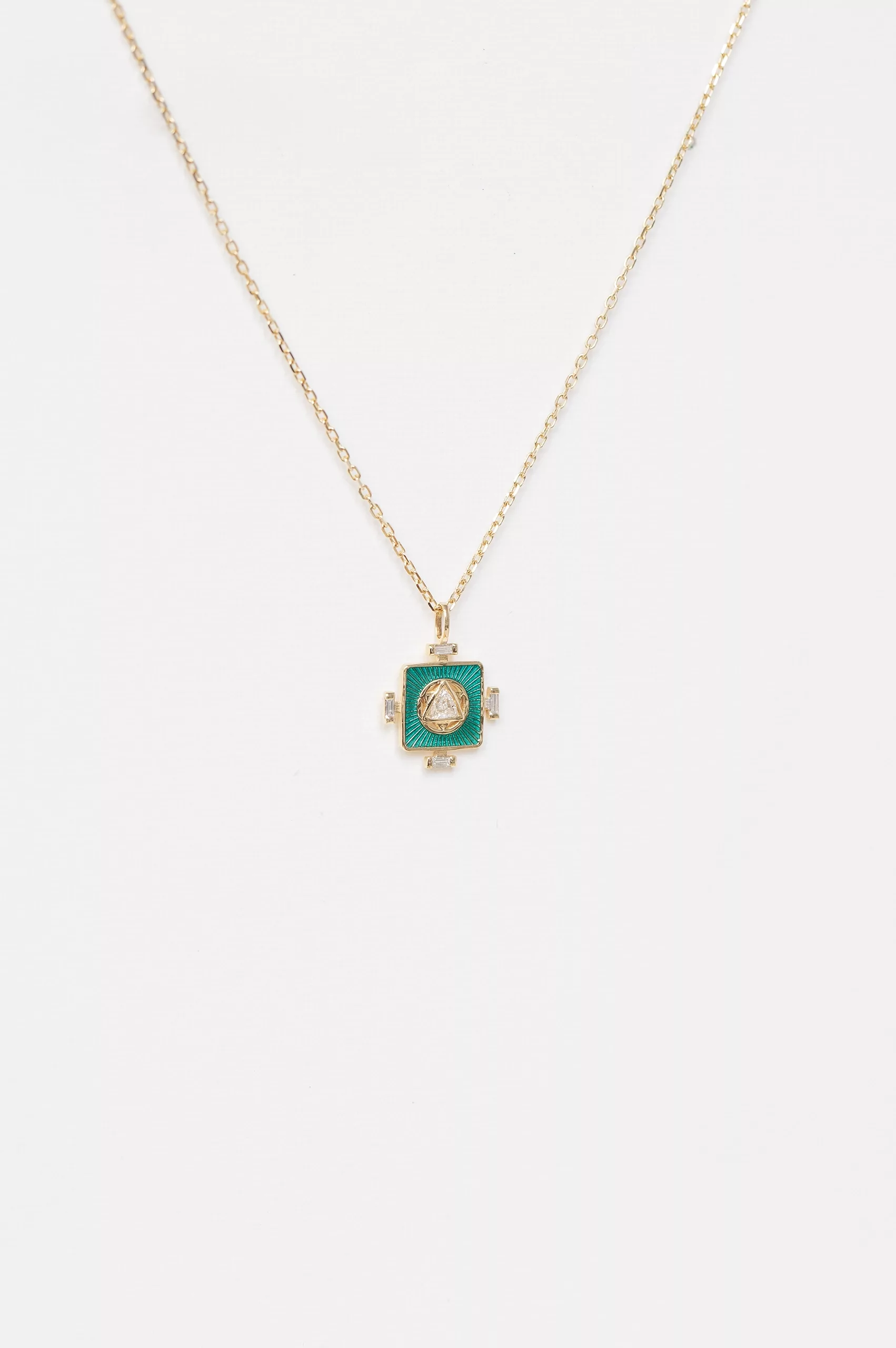 Yellow gold necklace square turquoise enamel pendant trillion diamond center chain Celine Daoust