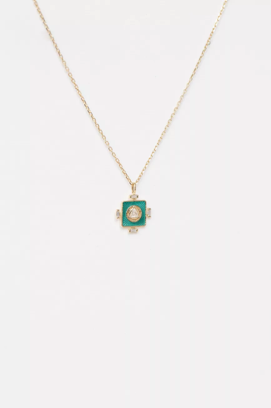 Yellow gold necklace square turquoise enamel pendant trillion diamond center chain Celine Daoust