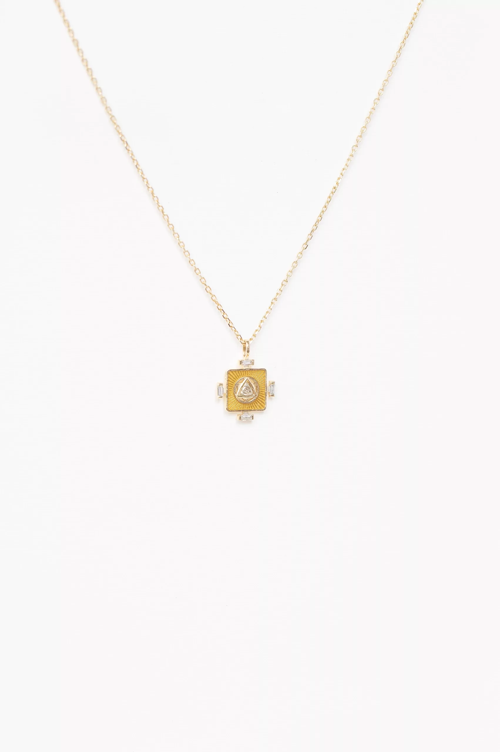 Yellow gold necklace square yellow enamel pendant trillion diamond center worn on neck Celine Daoust
