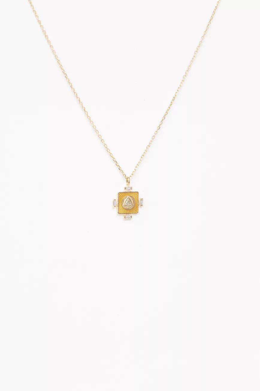 Yellow gold necklace square yellow enamel pendant trillion diamond center worn on neck Celine Daoust
