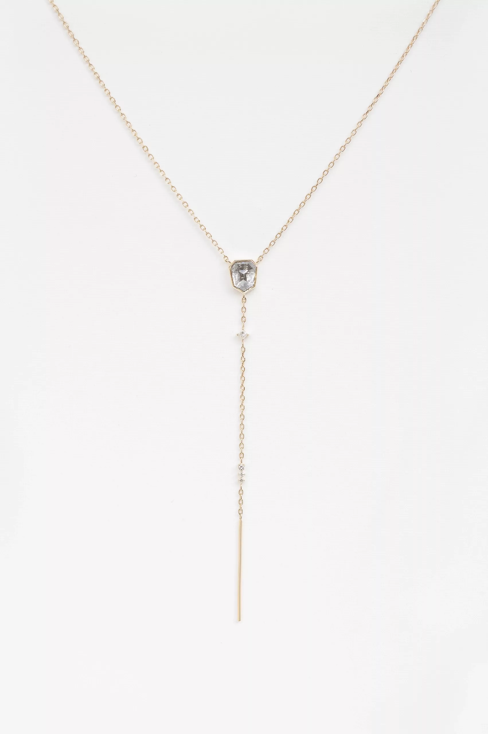 Yellow gold diamond cut grey diamond lariat necklace drop chain and diamonds Celine Daoust