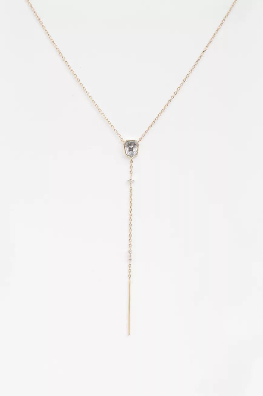 Yellow gold diamond cut grey diamond lariat necklace drop chain and diamonds Celine Daoust