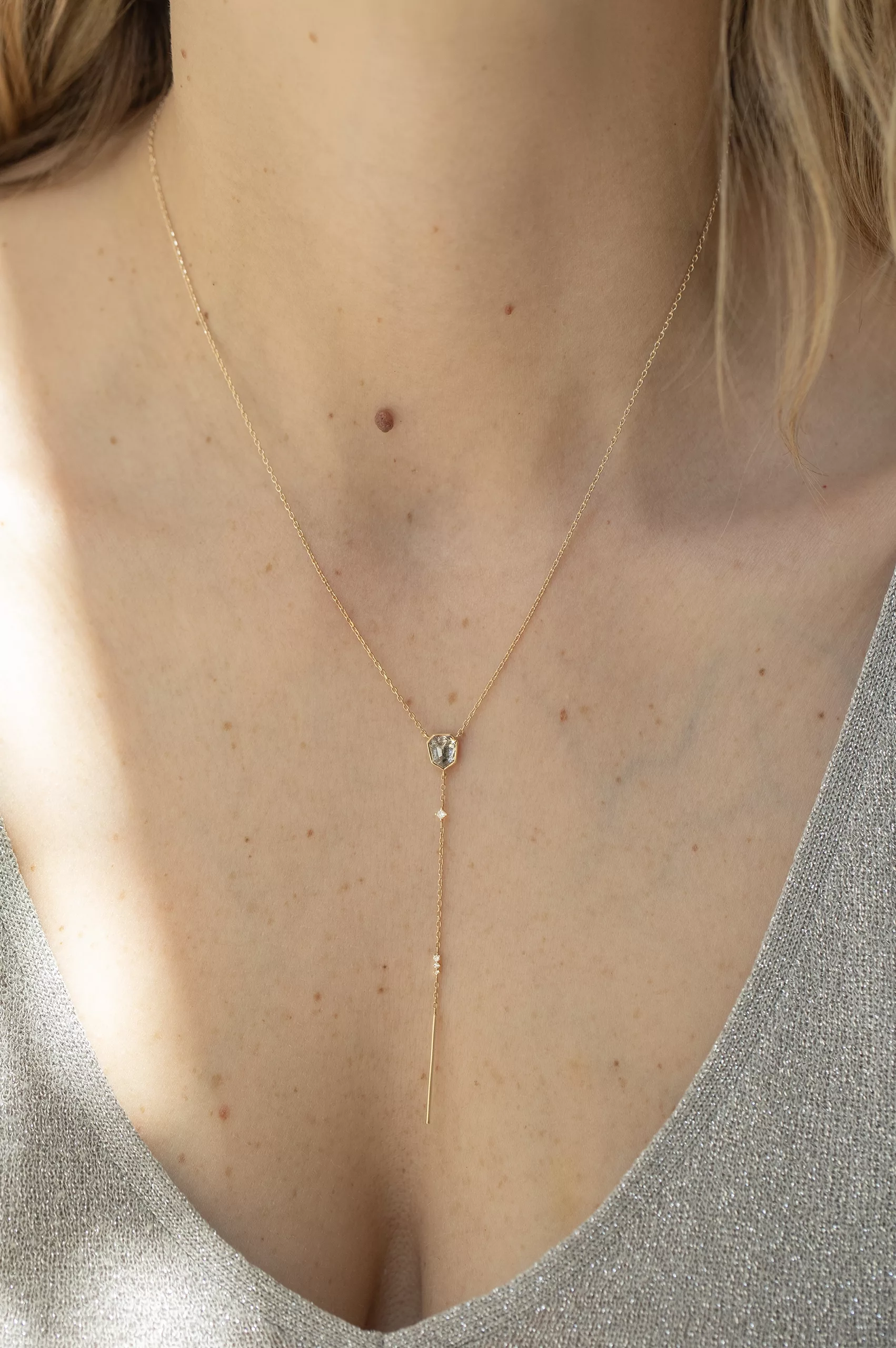 Yellow gold diamond cut grey diamond lariat necklace drop chain and diamonds Celine Daoust