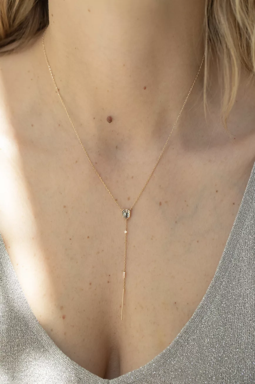 Yellow gold diamond cut grey diamond lariat necklace drop chain and diamonds Celine Daoust