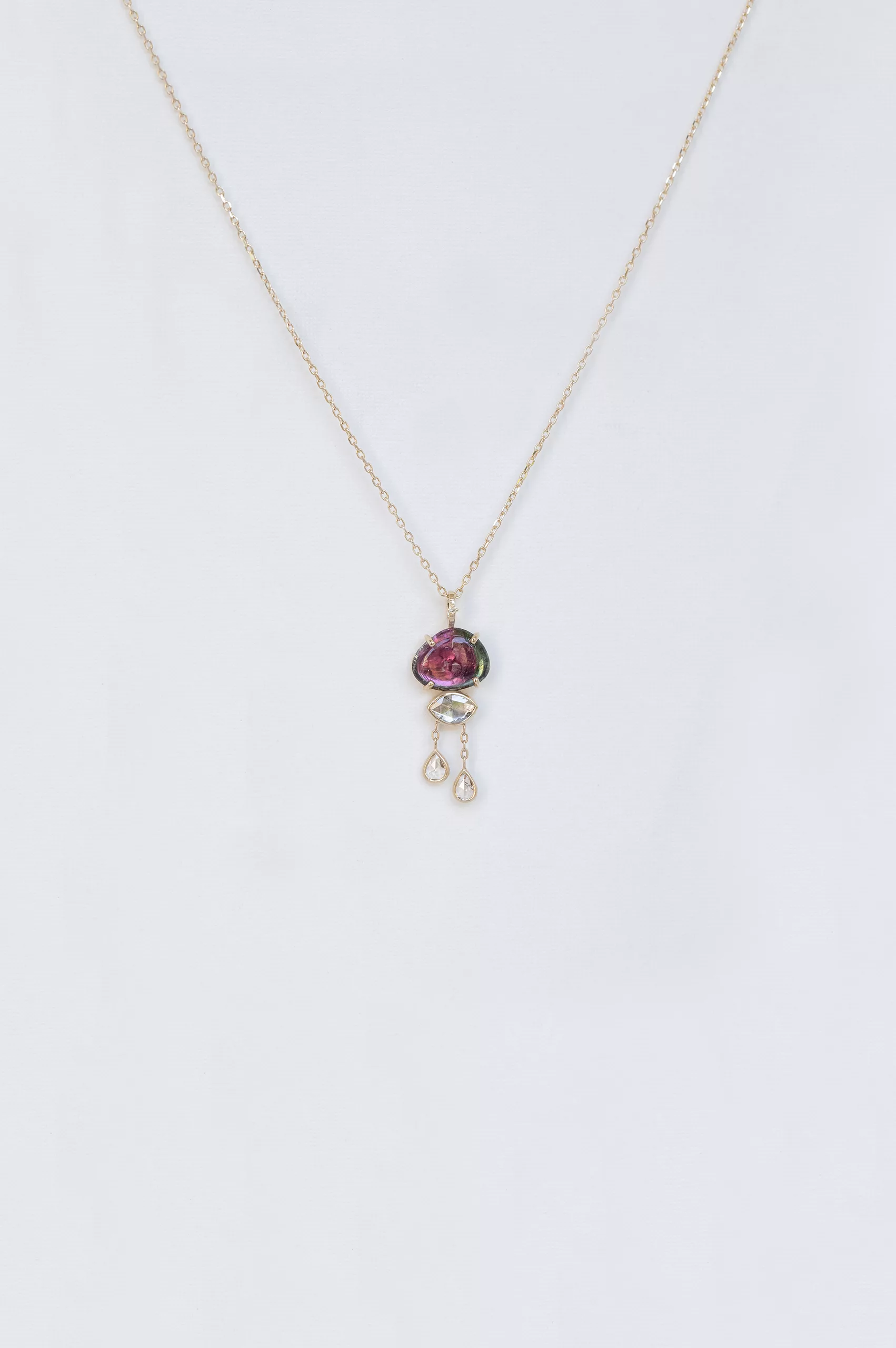 Yellow gold necklace oval watermelon tourmaline dangling rosecut diamond drops Celine Daoust
