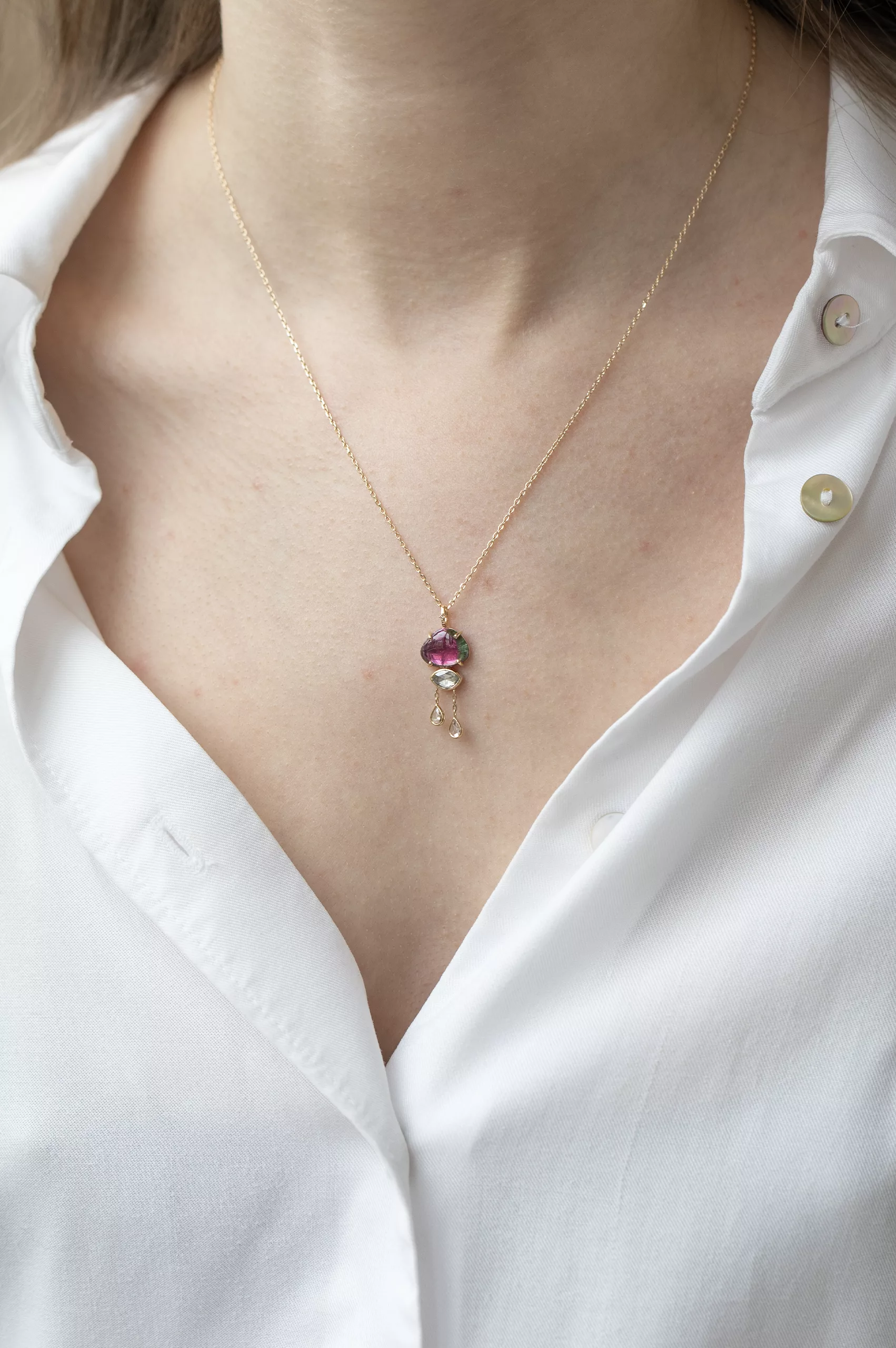 Yellow gold necklace oval watermelon tourmaline dangling rosecut diamond drops Celine Daoust