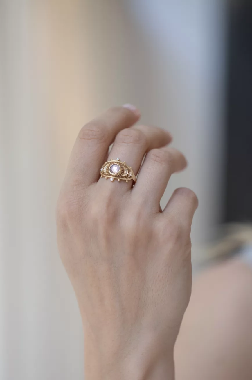 Yellow gold pink round tourmaline moon crescent diamonds open work ring Celine Daoust