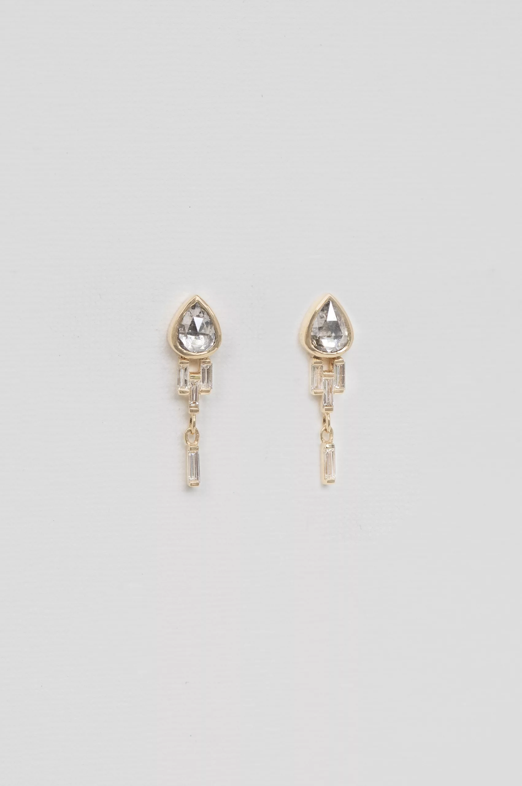 Yellow gold champagne pear shaped baguette diamonds drop diamond earrings Celine Daoust