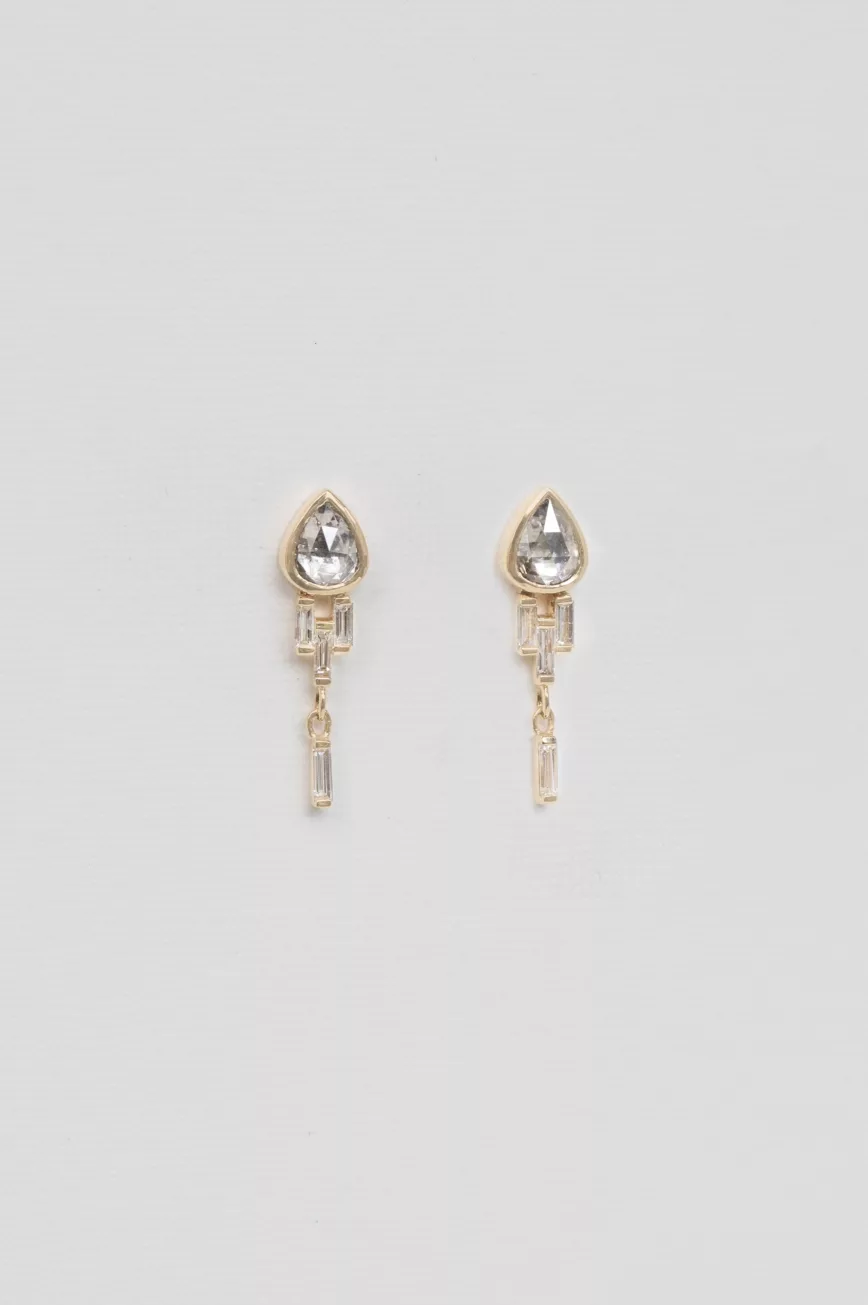 Yellow gold champagne pear shaped baguette diamonds drop diamond earrings Celine Daoust