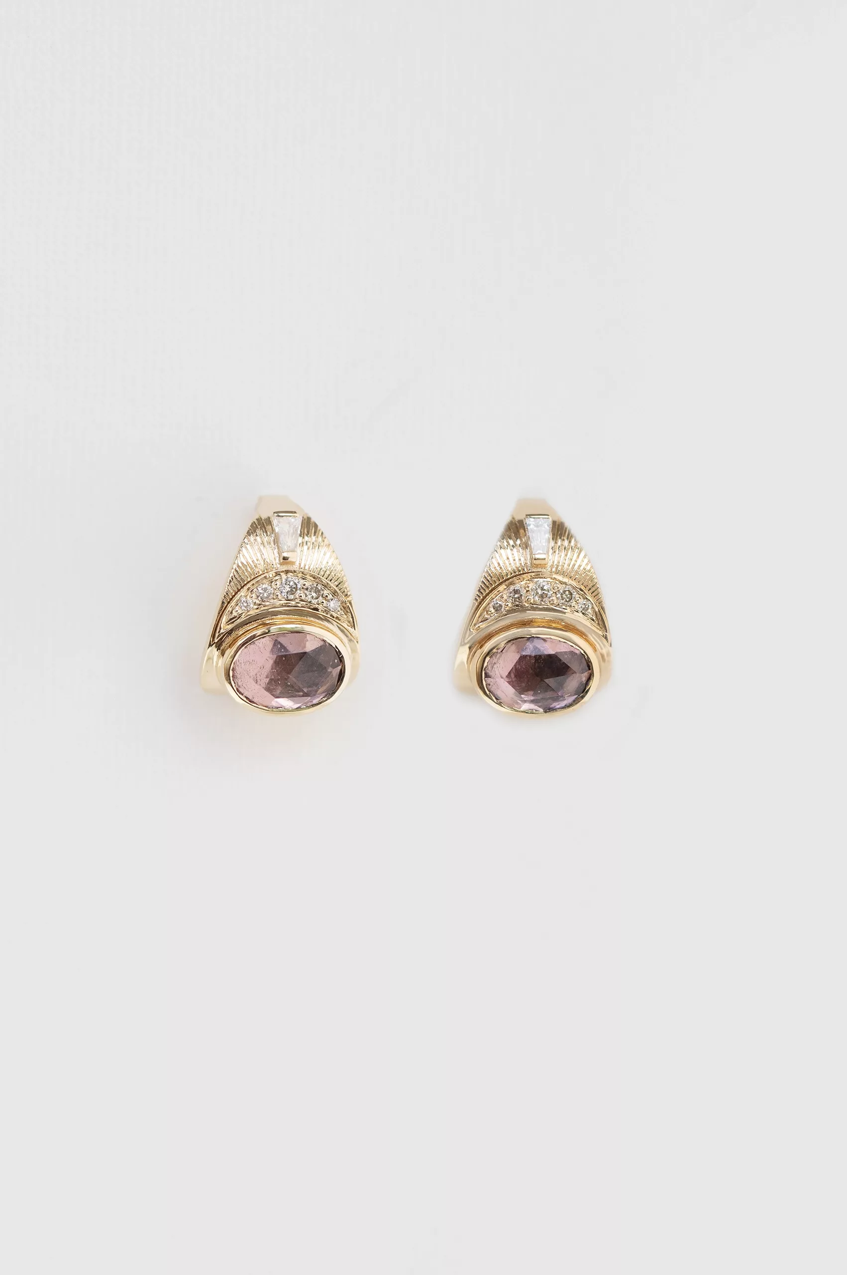 Yellow gold stud earrings oval pink tourmaline engraved sun moon diamond accents pair Celine Daoust