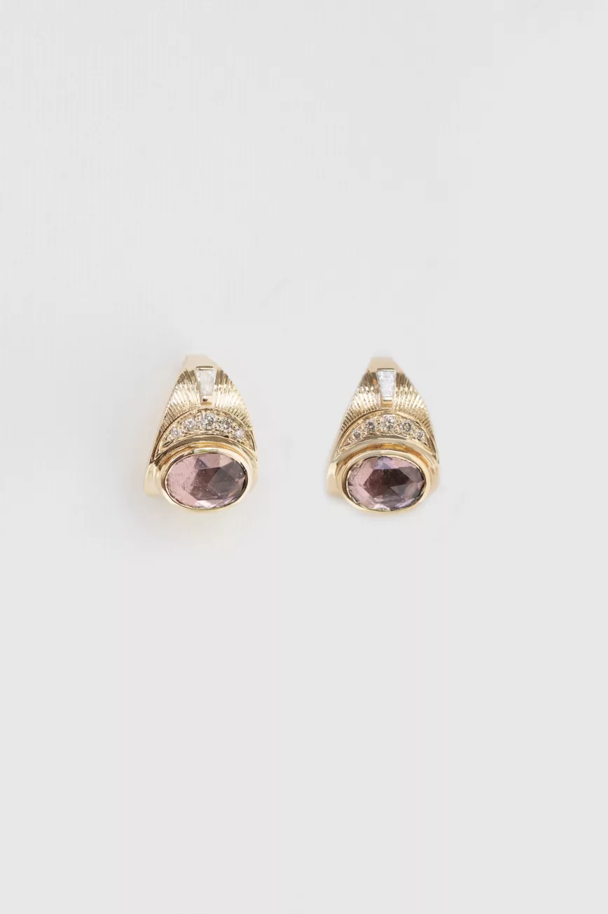 Yellow gold stud earrings oval pink tourmaline engraved sun moon diamond accents pair Celine Daoust
