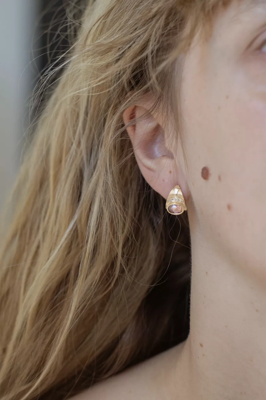 Yellow gold stud earrings oval pink tourmaline engraved sun moon diamond accents pair Celine Daoust