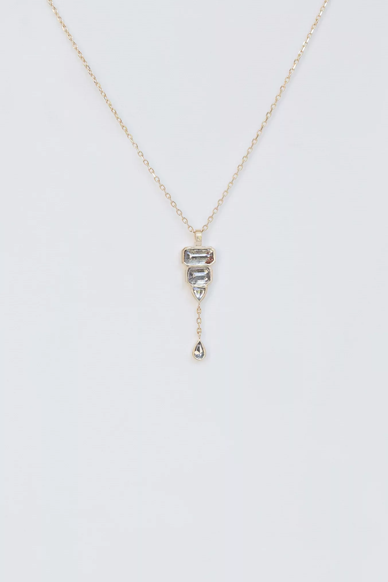 Yellow gold necklace rectangle grey diamond baguette dangling drop pendant Celine Daoust